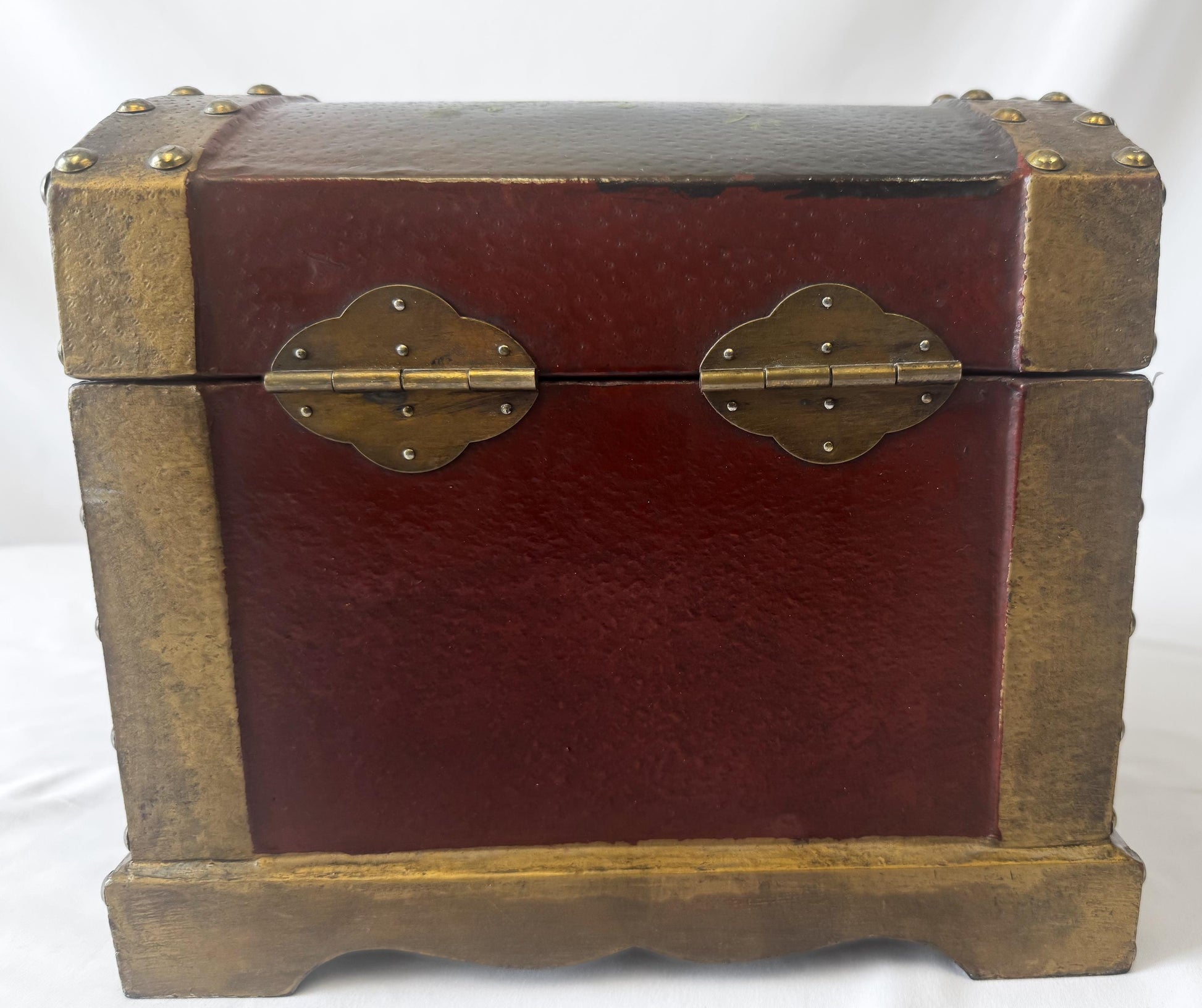 Vintage Black Gold Painted Wood Floral Stud Accent Jewelry Trunk Trinket Box