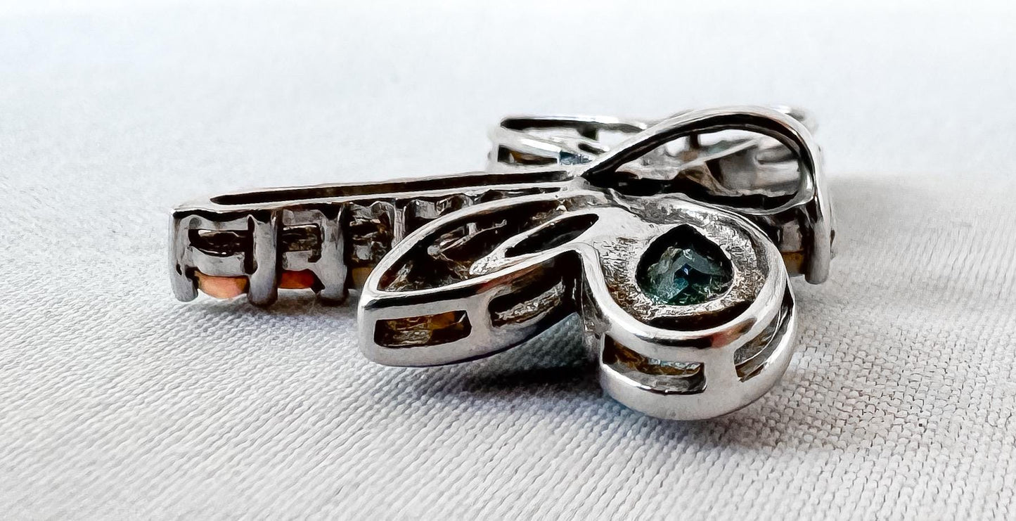 10K White Gold Opal Blue Topaz Diamond Accent Dragonfly Slide Pendant, Unique Boho Whimsy Style Pendant