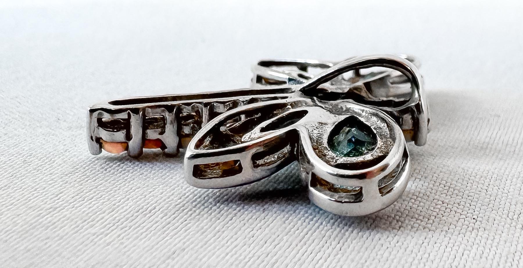 10K White Gold Opal Blue Topaz Diamond Accent Dragonfly Slide Pendant, Unique Boho Whimsy Style Pendant