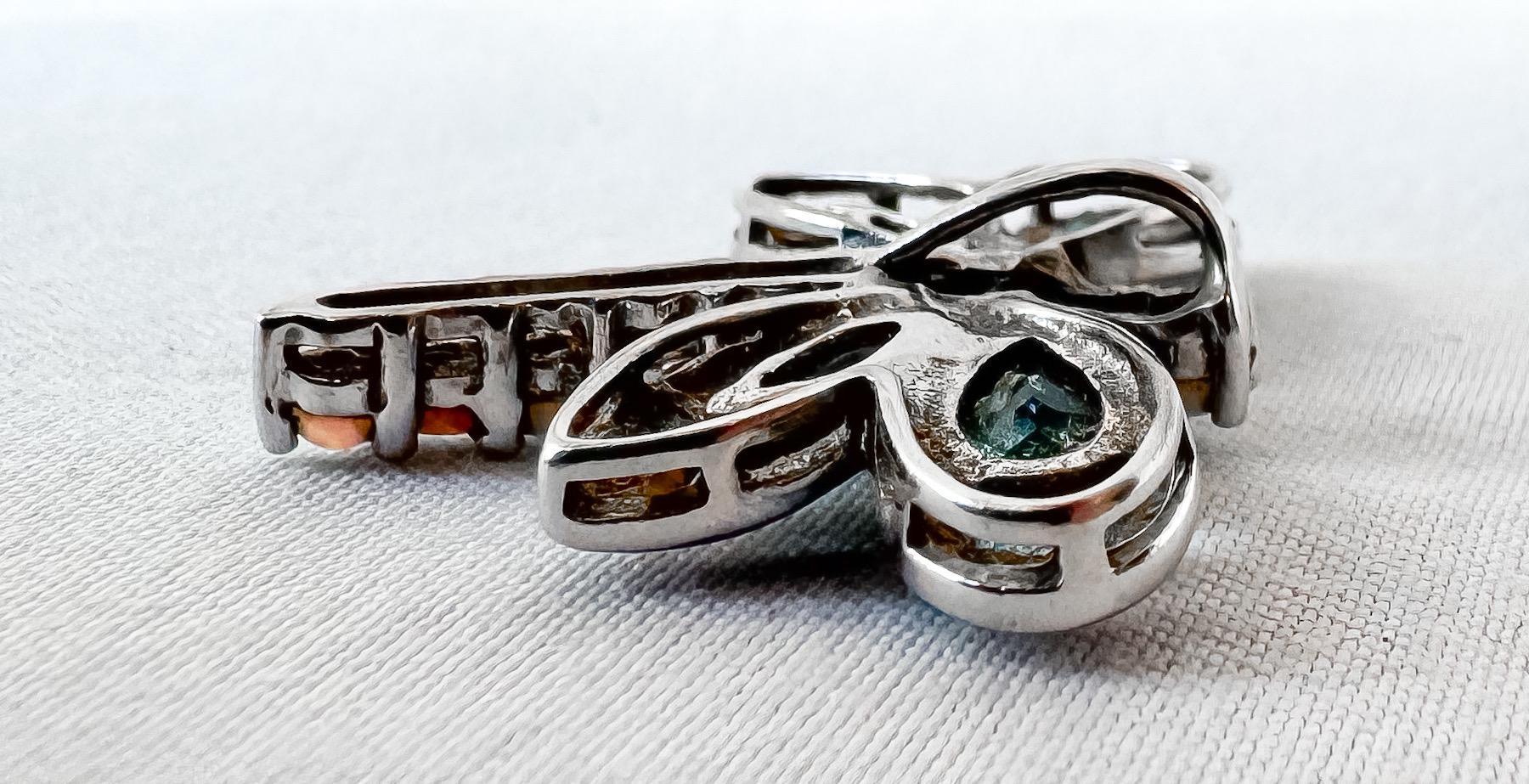 10K White Gold Opal Blue Topaz Diamond Accent Dragonfly Slide Pendant, Unique Boho Whimsy Style Pendant
