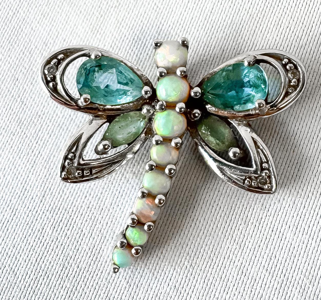 10K White Gold Opal Blue Topaz Diamond Accent Dragonfly Slide Pendant, Unique Boho Whimsy Style Pendant