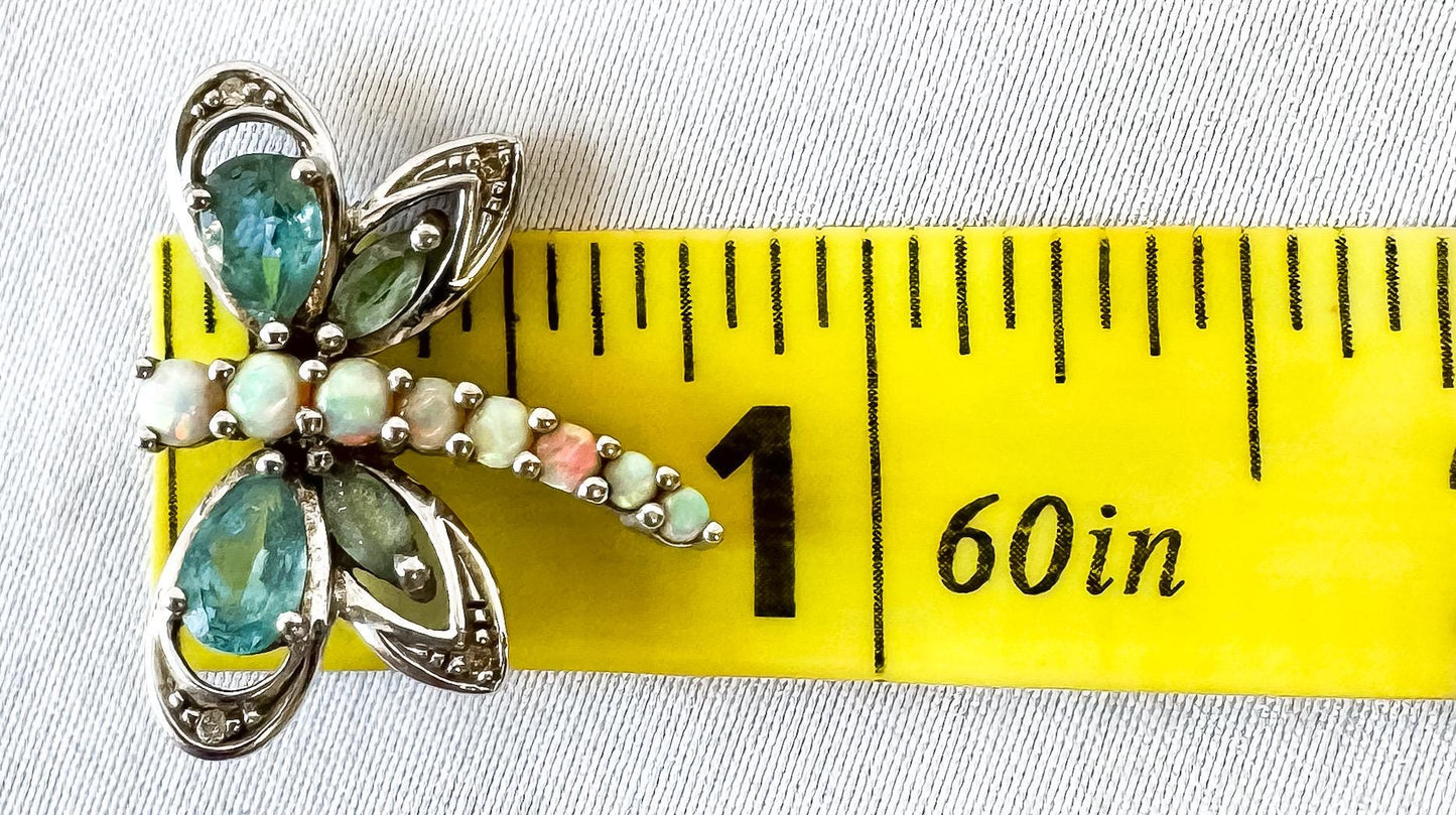 10K White Gold Opal Blue Topaz Diamond Accent Dragonfly Slide Pendant, Unique Boho Whimsy Style Pendant