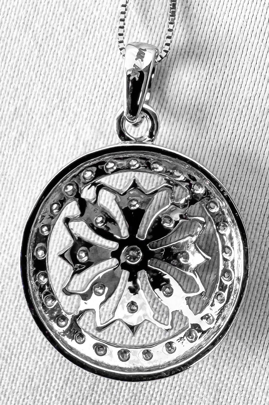 14K White Gold Diamond Floral Circle Pendant Necklace, Roughly 19", Simple Elegant Minimalist Necklace