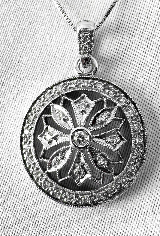 14K White Gold Diamond Floral Circle Pendant Necklace, Roughly 19", Simple Elegant Minimalist Necklace