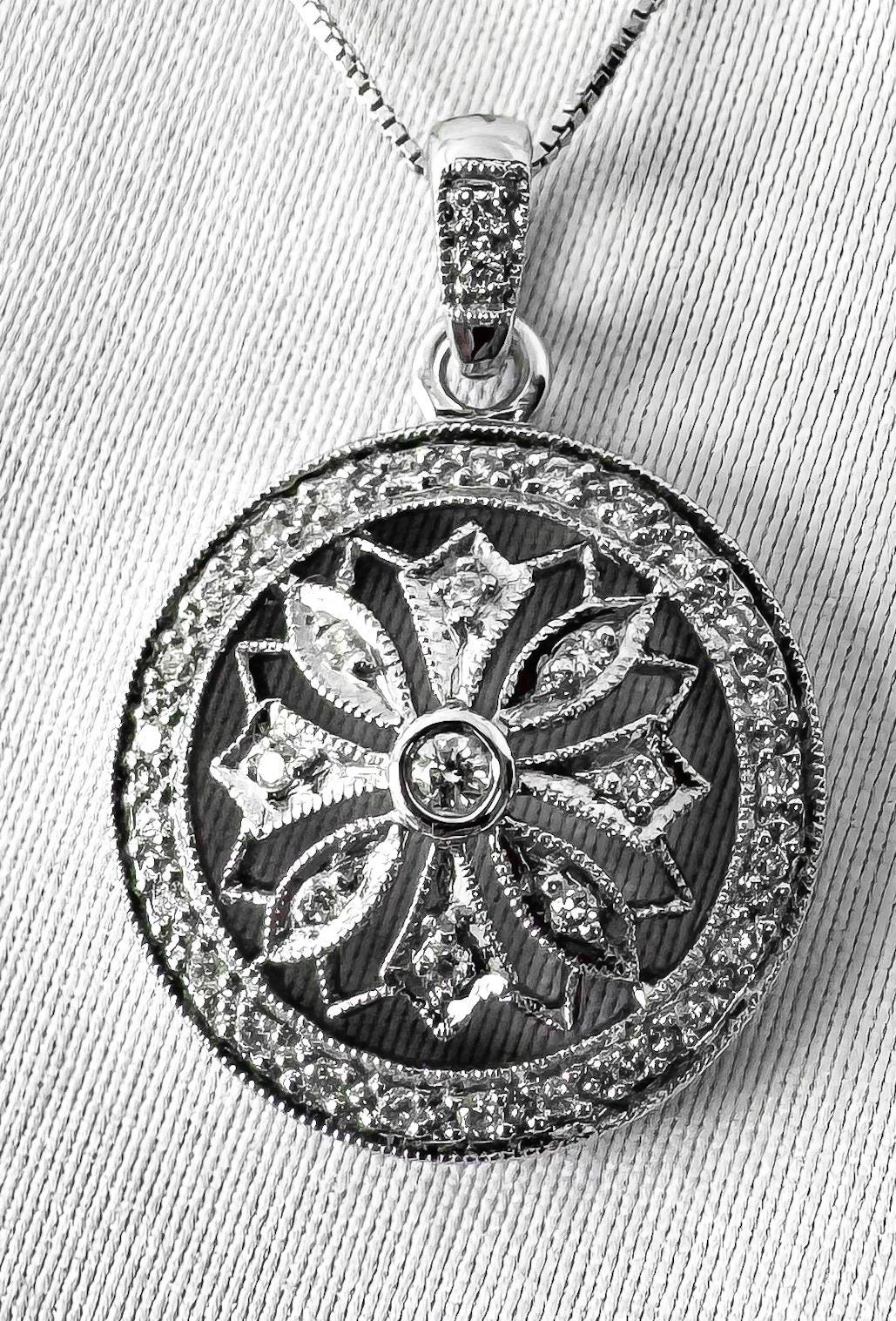 14K White Gold Diamond Floral Circle Pendant Necklace, Roughly 19", Simple Elegant Minimalist Necklace