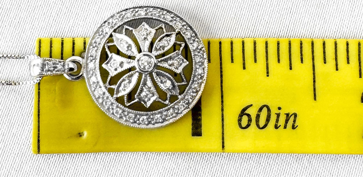 14K White Gold Diamond Floral Circle Pendant Necklace, Roughly 19", Simple Elegant Minimalist Necklace