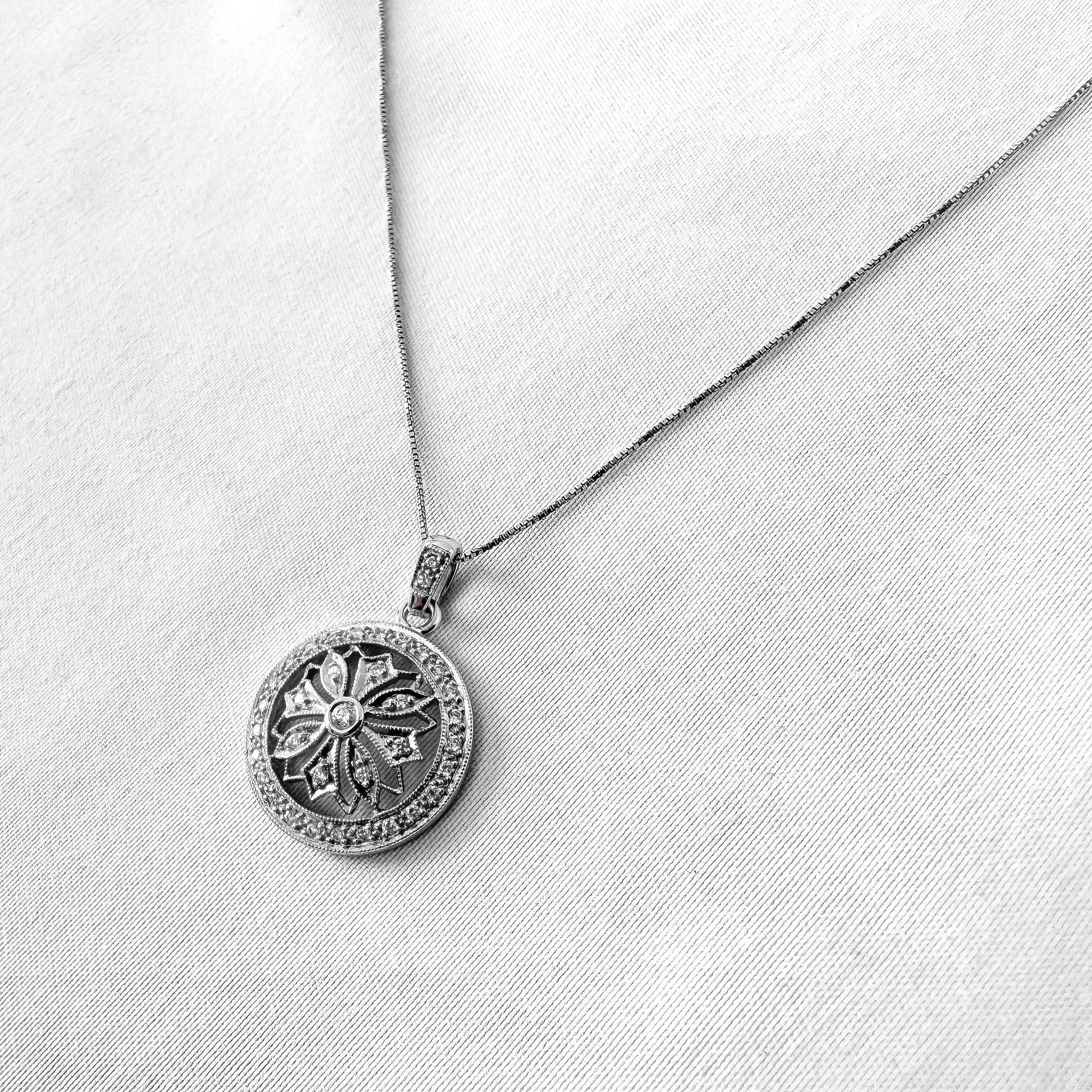 14K White Gold Diamond Floral Circle Pendant Necklace, Roughly 19", Simple Elegant Minimalist Necklace