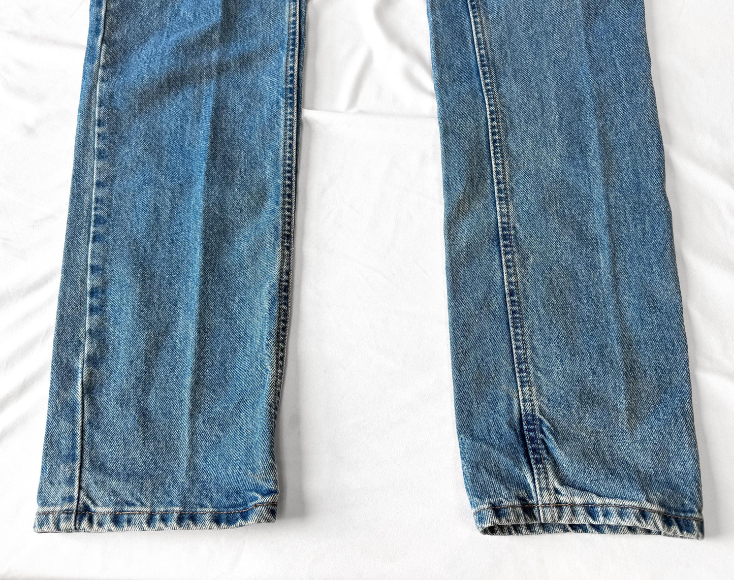 Vintage Diamond Cut Medium Wash High Rise Brown Leather Stud Accent Pocketless Jeans, Sz. 28" x 36", Unique Western Festival Jeans