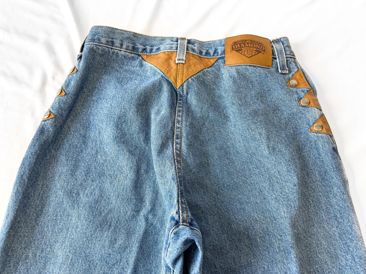 Vintage Diamond Cut Medium Wash High Rise Brown Leather Stud Accent Pocketless Jeans, Sz. 28" x 36", Unique Western Festival Jeans