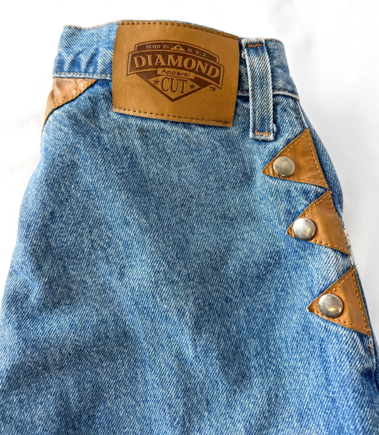Vintage Diamond Cut Medium Wash High Rise Brown Leather Stud Accent Pocketless Jeans, Sz. 28" x 36", Unique Western Festival Jeans