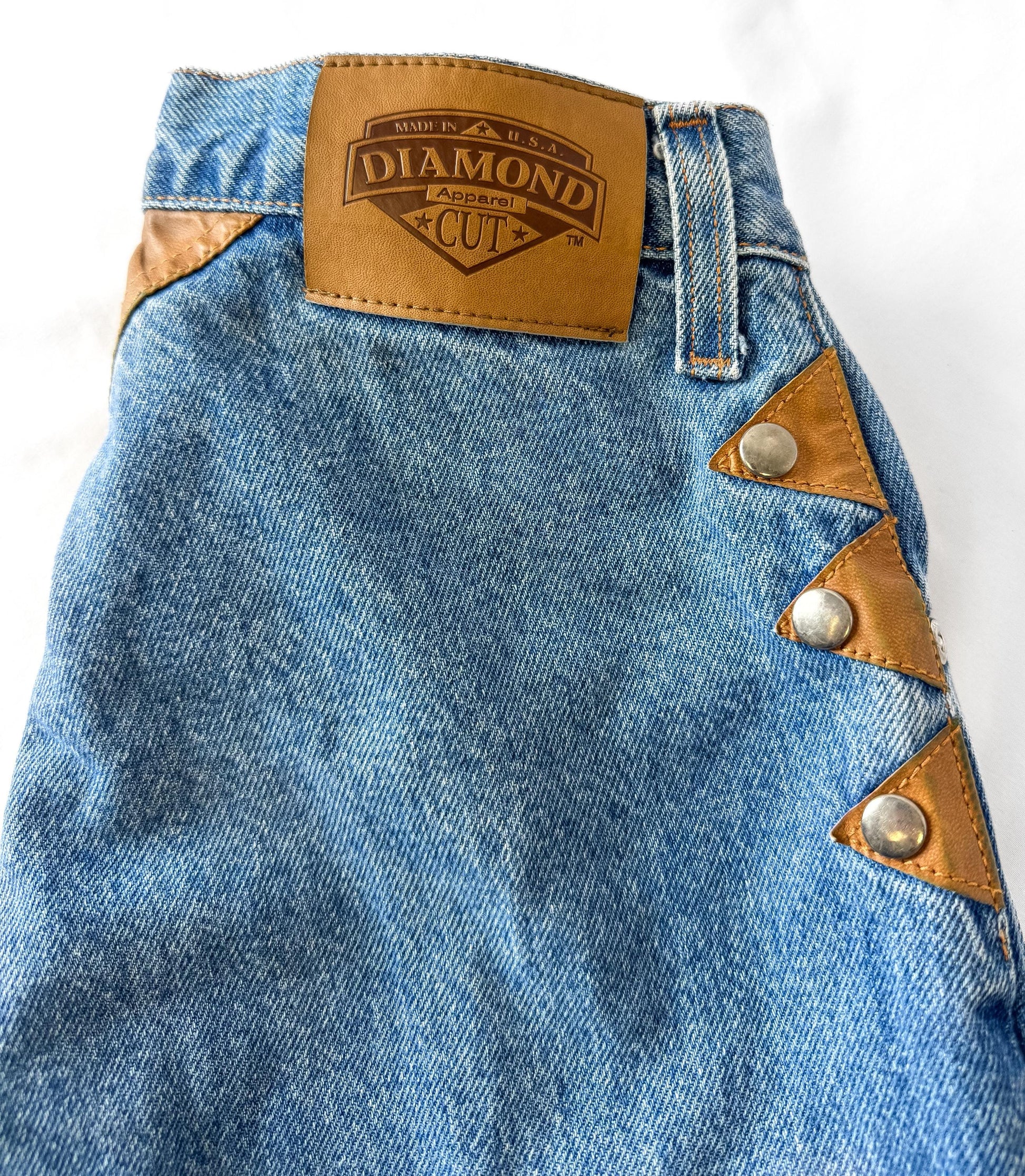 Vintage Diamond Cut Medium Wash High Rise Brown Leather Stud Accent Pocketless Jeans, Sz. 28" x 36", Unique Western Festival Jeans