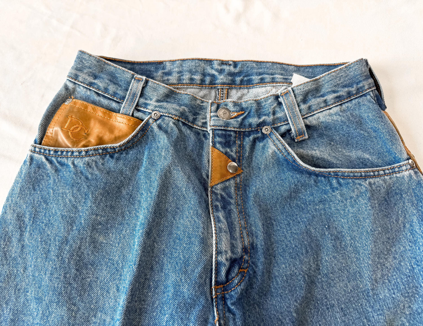 Vintage Diamond Cut Medium Wash High Rise Brown Leather Stud Accent Pocketless Jeans, Sz. 28" x 36", Unique Western Festival Jeans