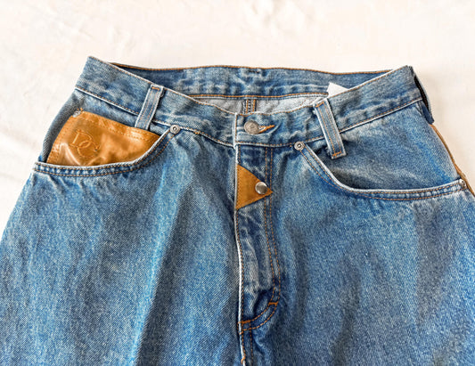 Vintage Diamond Cut Medium Wash High Rise Brown Leather Stud Accent Pocketless Jeans, Sz. 28" x 36", Unique Western Festival Jeans