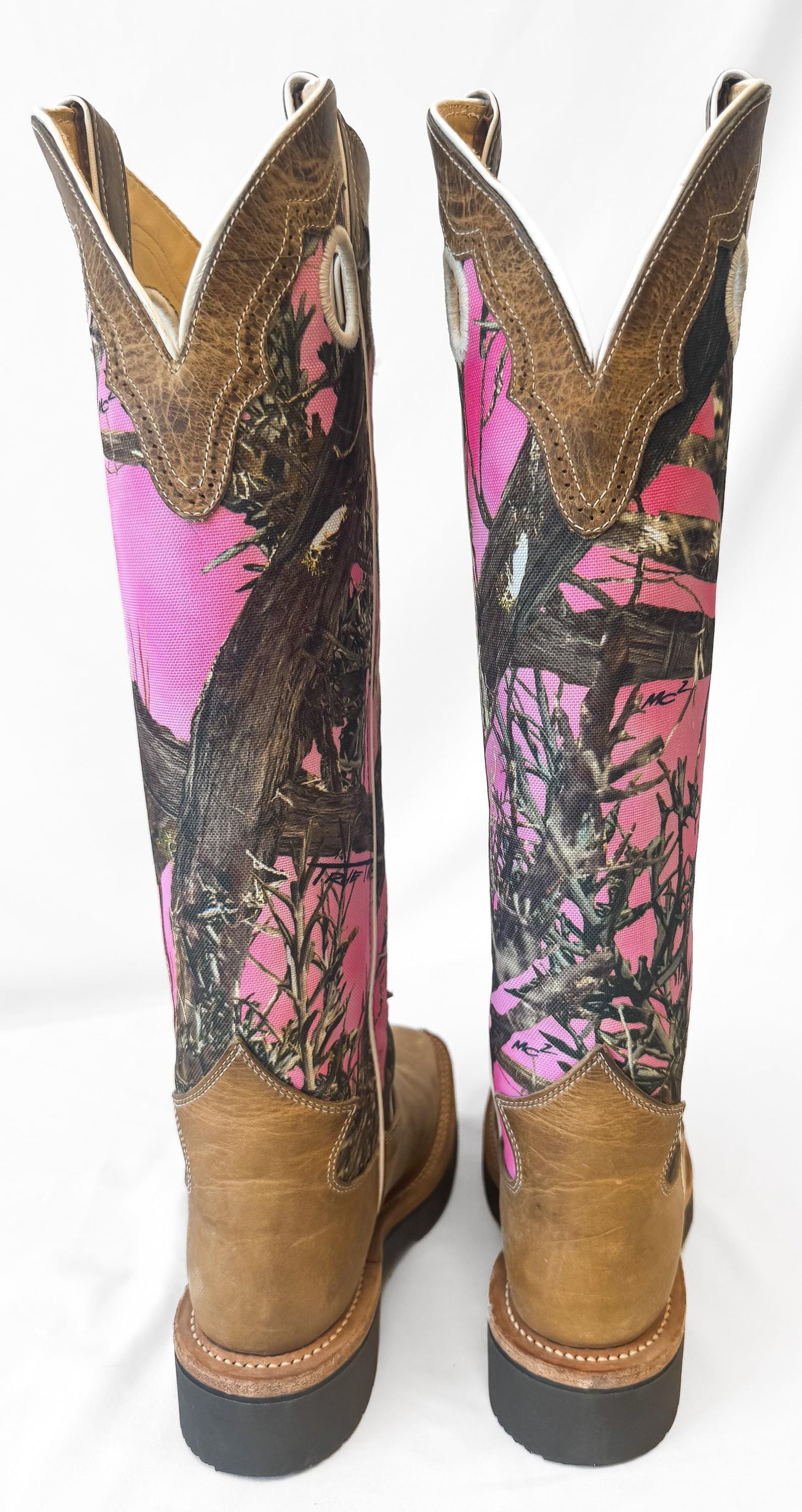 Justin Pink Rugged Camo Textile Leather Square Toe Tall Cowboy Boots, Women's Sz. 6B, Style L2116, Unique Campy Western Cowgirl Boots