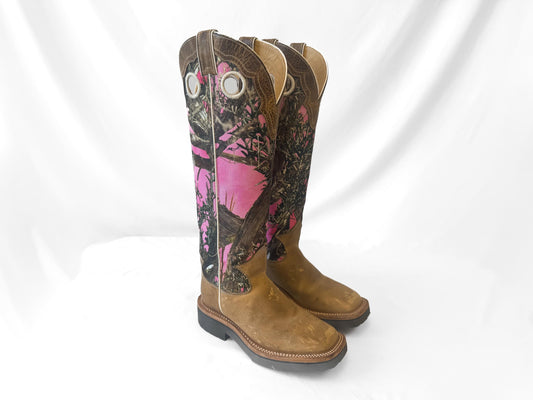Justin Pink Rugged Camo Textile Leather Square Toe Tall Cowboy Boots, Women's Sz. 6B, Style L2116, Unique Campy Western Cowgirl Boots