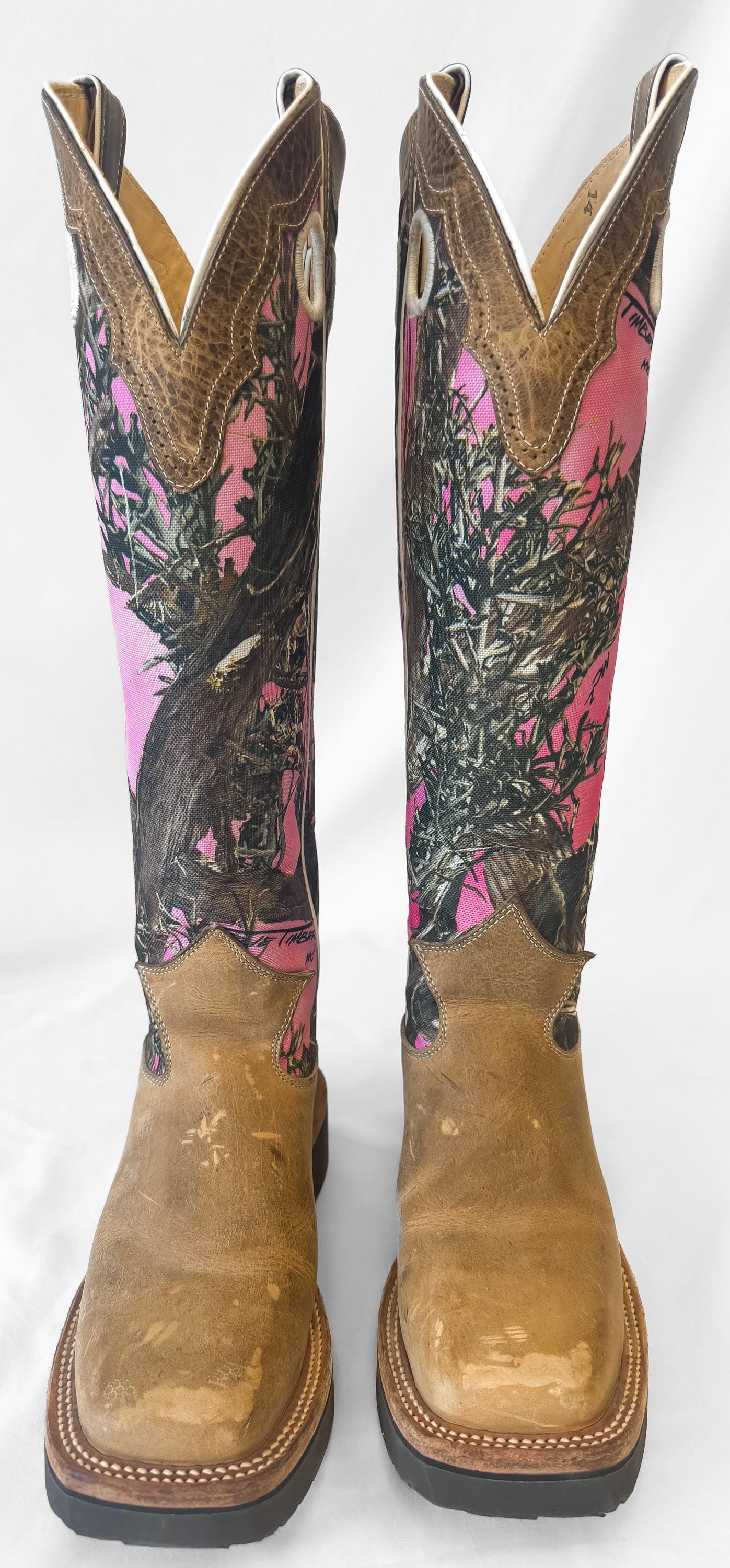 Justin Pink Rugged Camo Textile Leather Square Toe Tall Cowboy Boots, Women's Sz. 6B, Style L2116, Unique Campy Western Cowgirl Boots