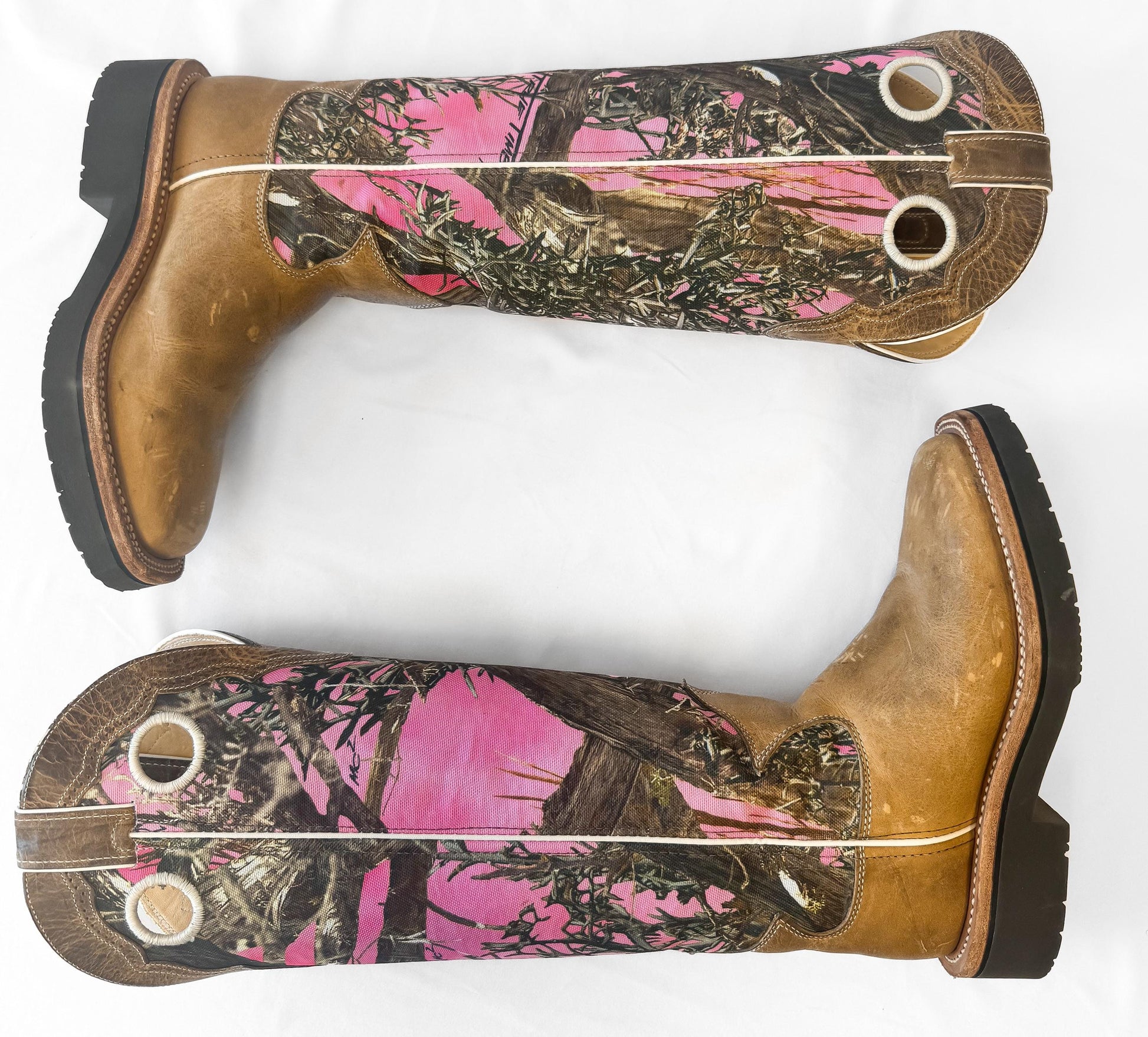 Justin Pink Rugged Camo Textile Leather Square Toe Tall Cowboy Boots, Women's Sz. 6B, Style L2116, Unique Campy Western Cowgirl Boots