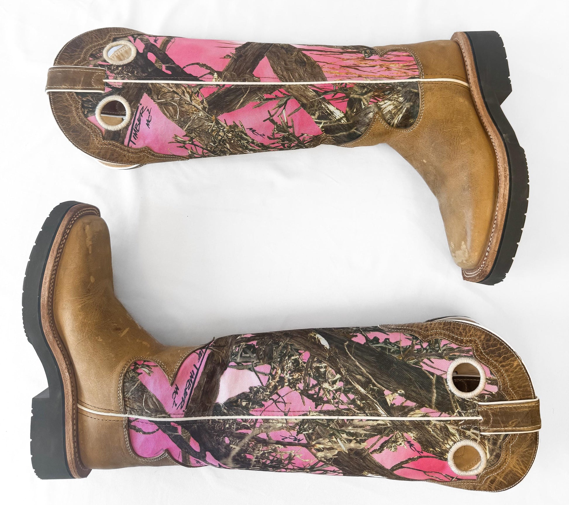 Justin Pink Rugged Camo Textile Leather Square Toe Tall Cowboy Boots, Women's Sz. 6B, Style L2116, Unique Campy Western Cowgirl Boots