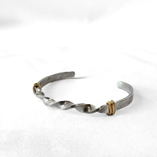 Vintage 925 Sterling Silver 12K Gold Accent Twisted Adjustable Cuff Bracelet, Approx. 4-7.5"
