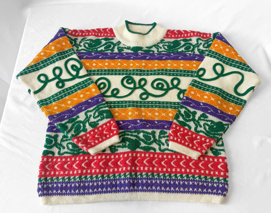 Vintage Cream/Off-White Multicolor Abstract Striped Swirl Design Cotton Mockneck Sweater, Approx. Women's Sz. M
