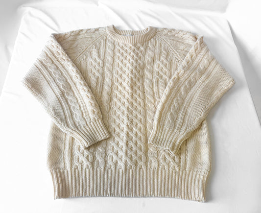 Vintage Cream/Off-White Cable Knit Pure Wool Sweater, Approx. Women's Sz. M/L