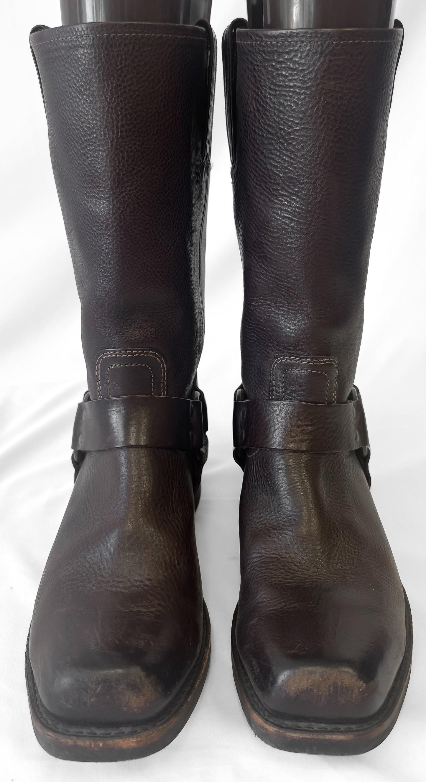 Vintage Frye Chocolate Brown Leather Square Toe Harness Boots, Men's Sz. 10M, Unisex Western Style Boots