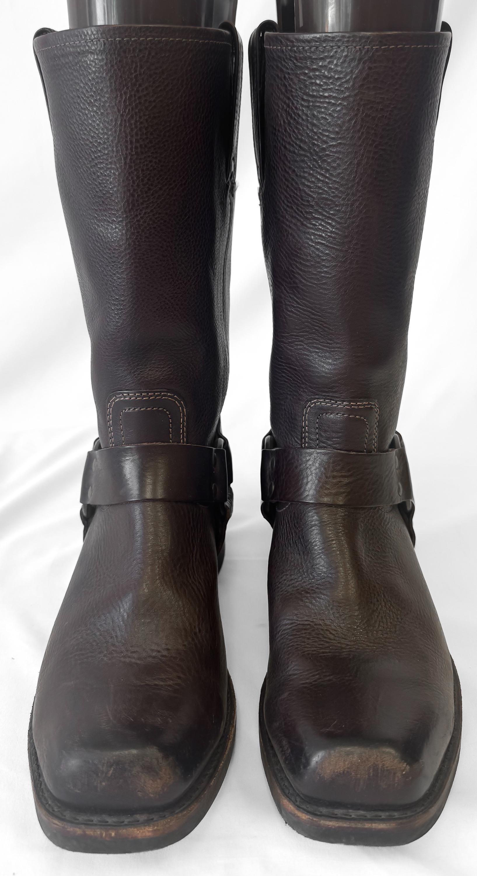 Vintage Frye Chocolate Brown Leather Square Toe Harness Boots, Men's Sz. 10M, Unisex Western Style Boots