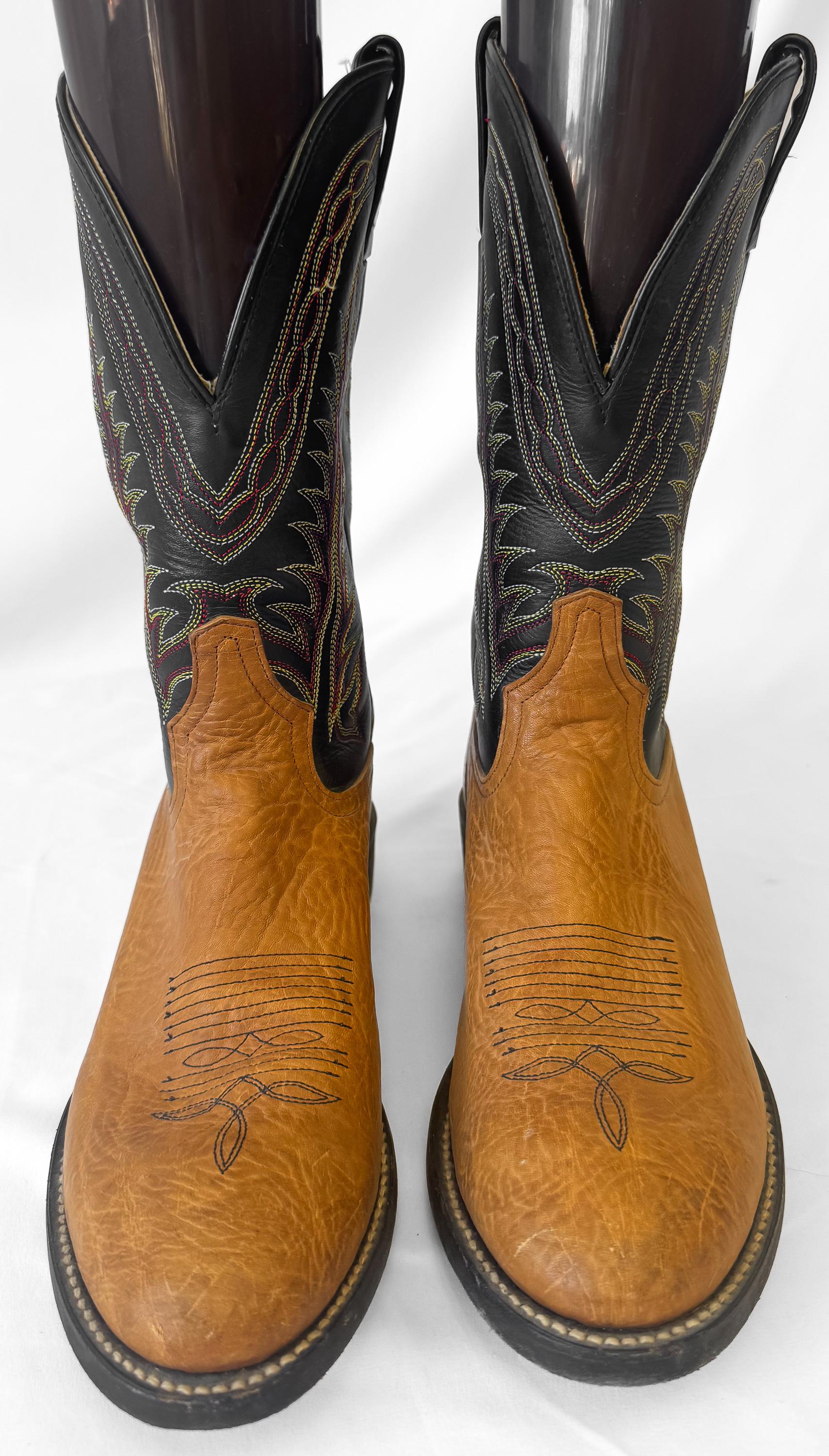 Vintage Tony Lama Roper Brown Black Fern Stitch Leather Cowboy Boots, Men's Sz. 8D, Unique Western Festival Boots