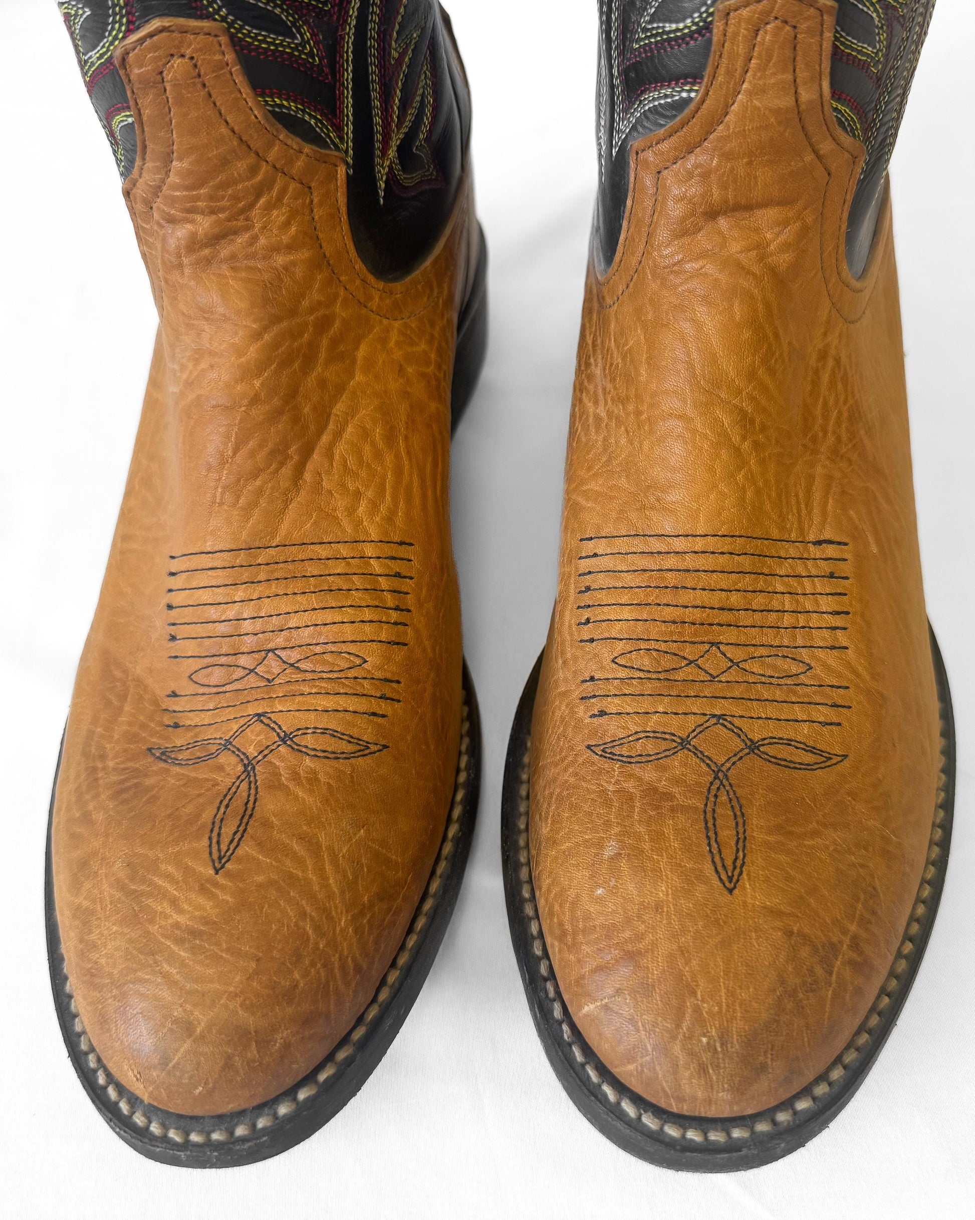 Vintage Tony Lama Roper Brown Black Fern Stitch Leather Cowboy Boots, Men's Sz. 8D, Unique Western Festival Boots
