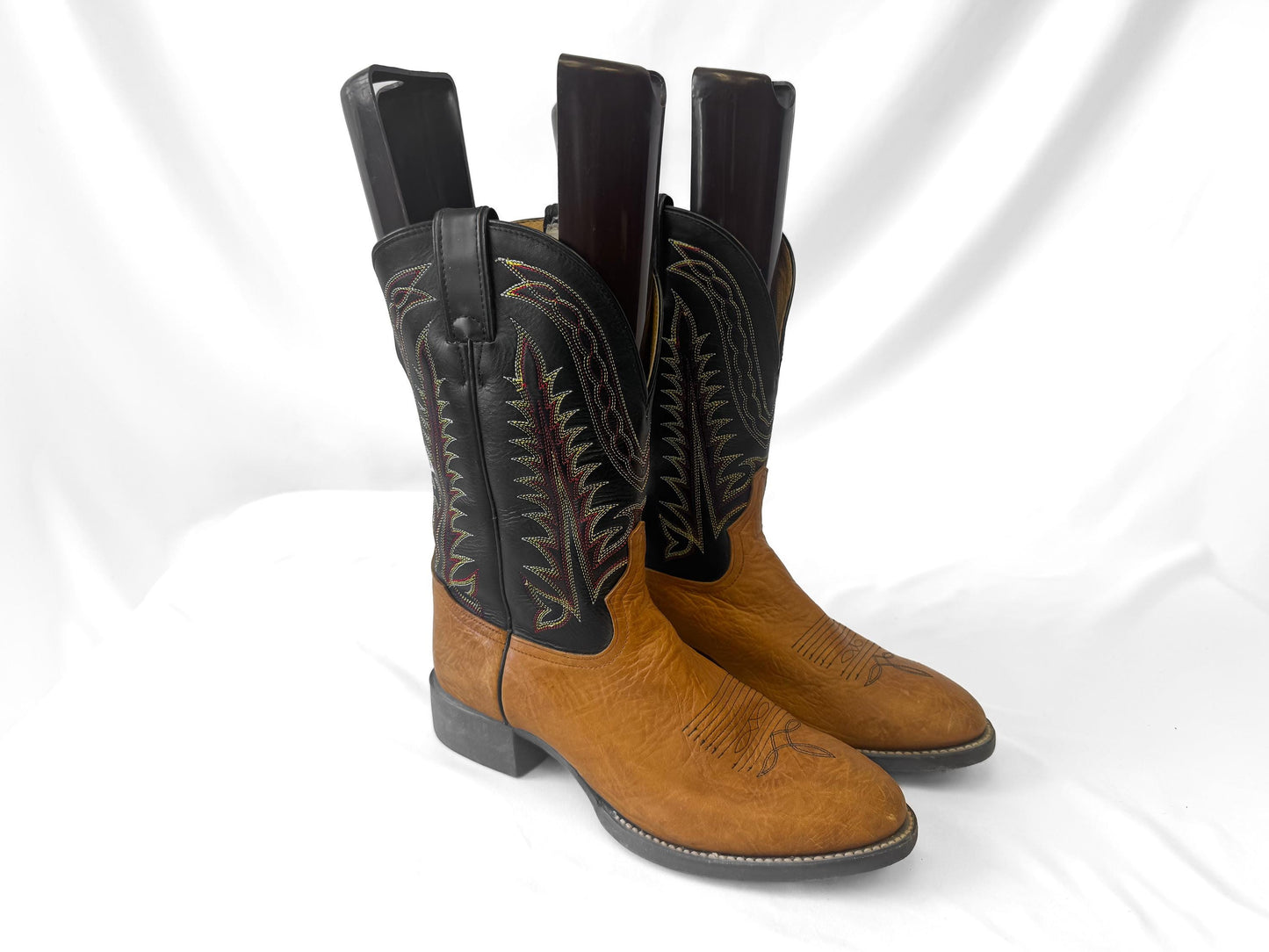 Vintage Tony Lama Roper Brown Black Fern Stitch Leather Cowboy Boots, Men's Sz. 8D, Unique Western Festival Boots