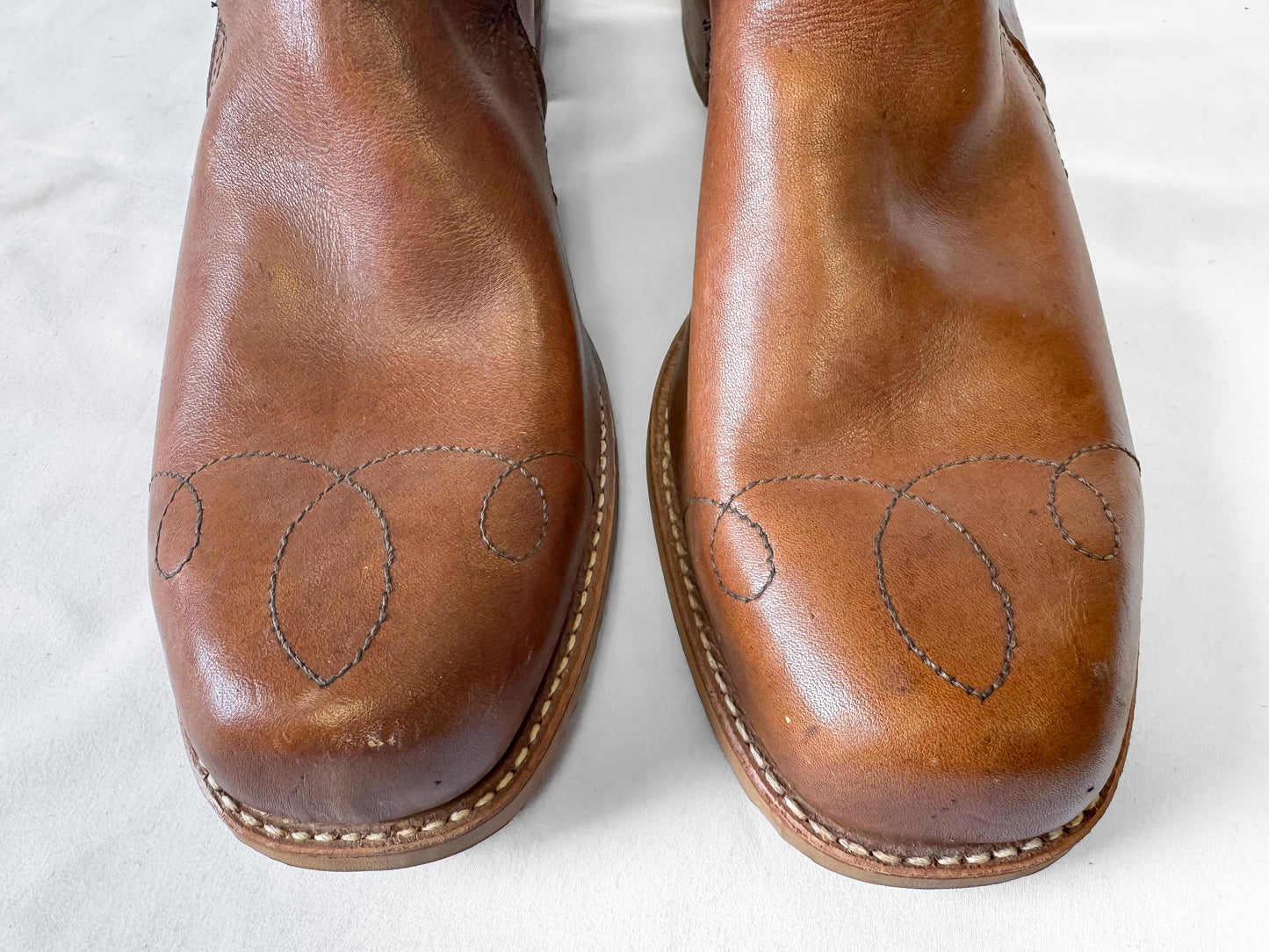 Vintage 70s Style Jarman Brown Swirl Stitched Buckle Leather Boots, Approx. Men's Sz. 9/9.5, Mens Retro Unique Boots
