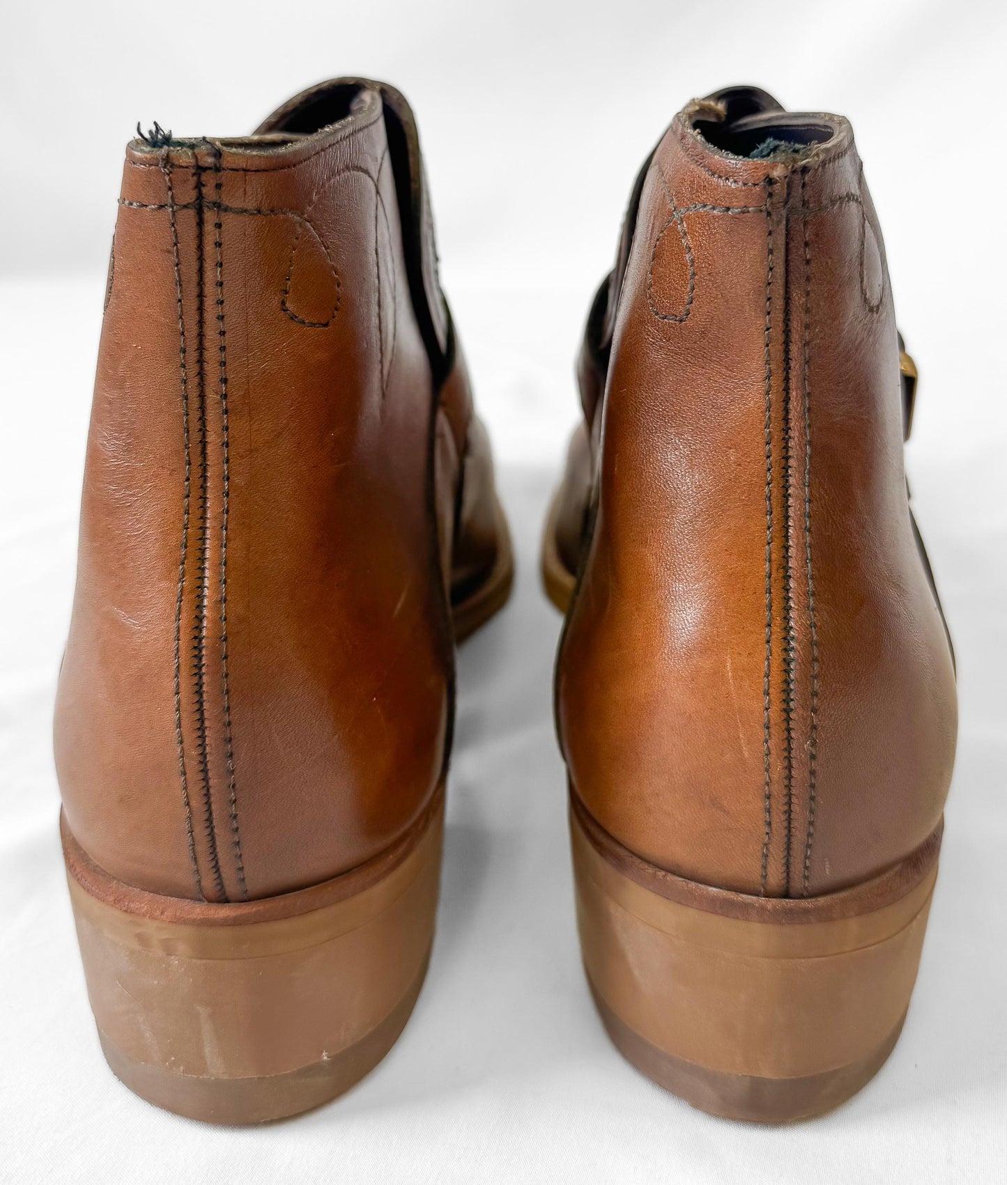 Vintage 70s Style Jarman Brown Swirl Stitched Buckle Leather Boots, Approx. Men's Sz. 9/9.5, Mens Retro Unique Boots
