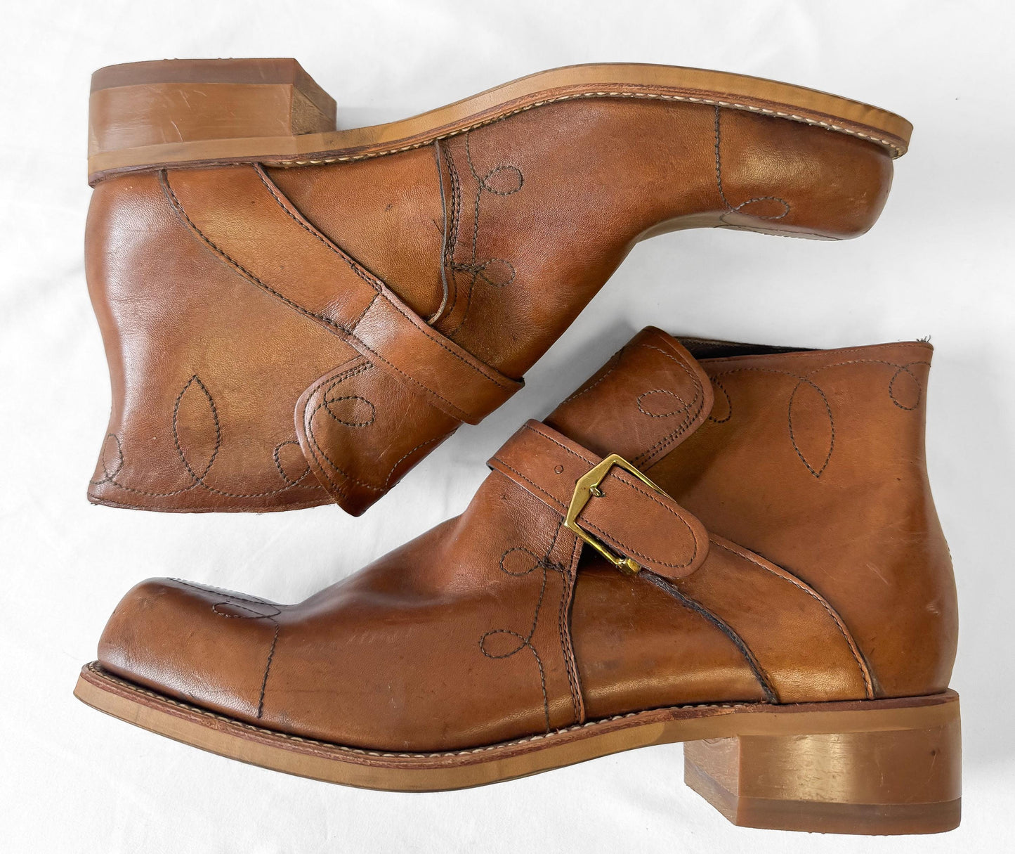 Vintage 70s Style Jarman Brown Swirl Stitched Buckle Leather Boots, Approx. Men's Sz. 9/9.5, Mens Retro Unique Boots