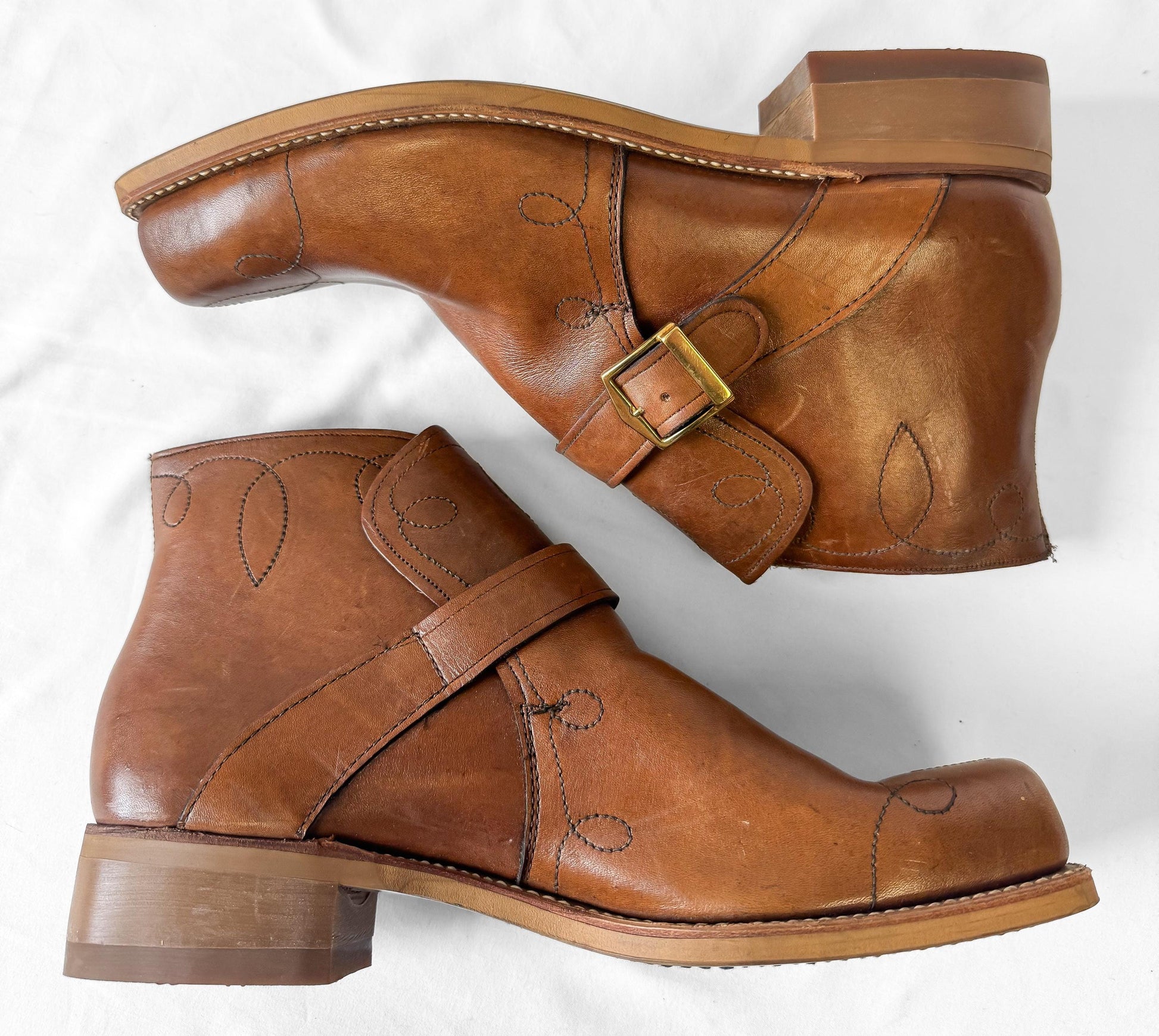 Vintage 70s Style Jarman Brown Swirl Stitched Buckle Leather Boots, Approx. Men's Sz. 9/9.5, Mens Retro Unique Boots