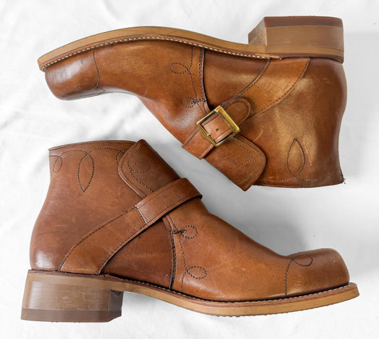 Vintage 70s Style Jarman Brown Swirl Stitched Buckle Leather Boots, Approx. Men's Sz. 9/9.5, Mens Retro Unique Boots