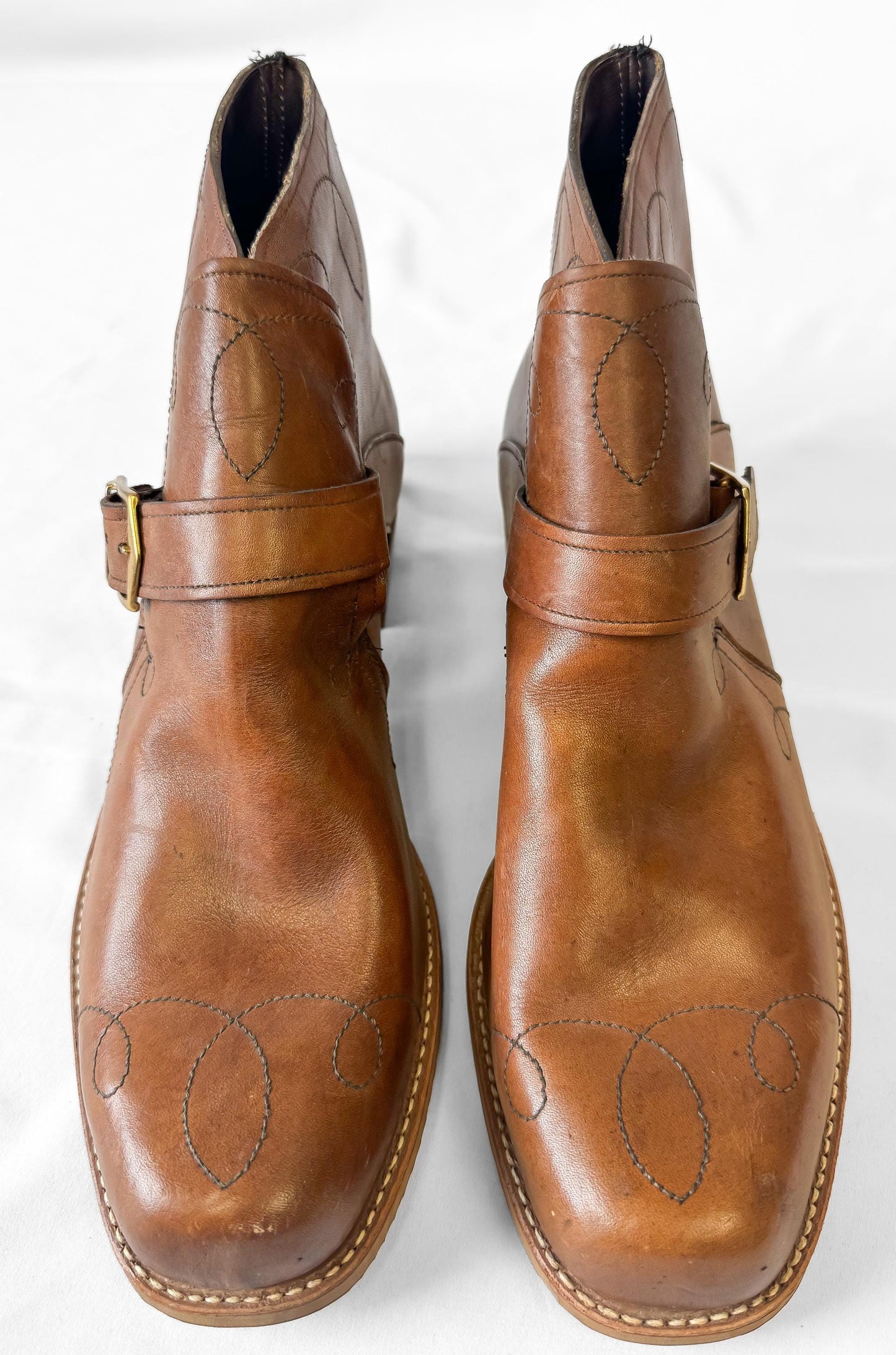 Vintage 70s Style Jarman Brown Swirl Stitched Buckle Leather Boots, Approx. Men's Sz. 9/9.5, Mens Retro Unique Boots