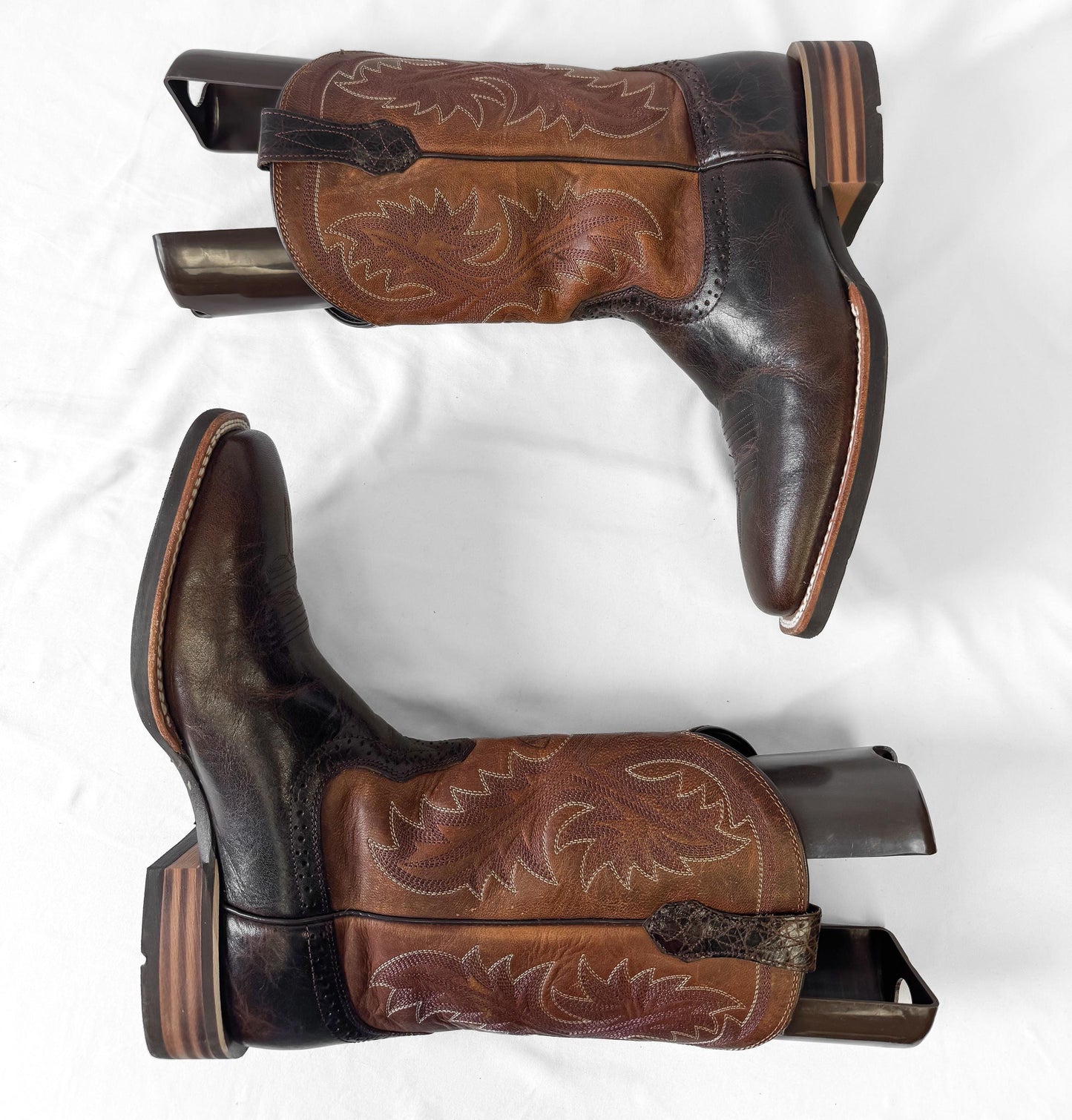 Vintage Style Ariat Quickdraw Two Toned Brown Leather Cowboy Boots, Sz. 11D