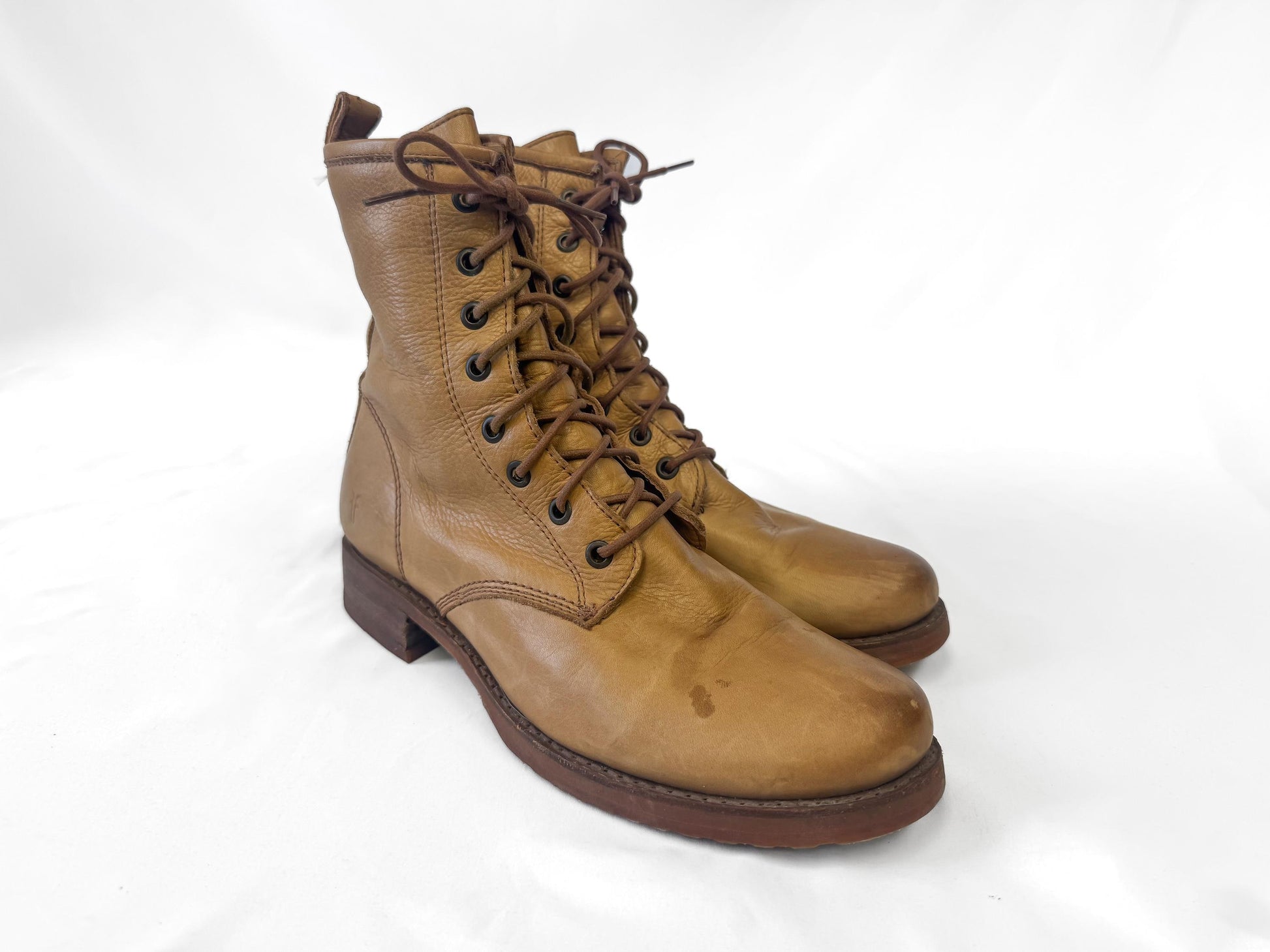 Vintage Frye Camel Beige Brown Veronica Lace Up Leather Combat Boots, Women's Sz. 10B