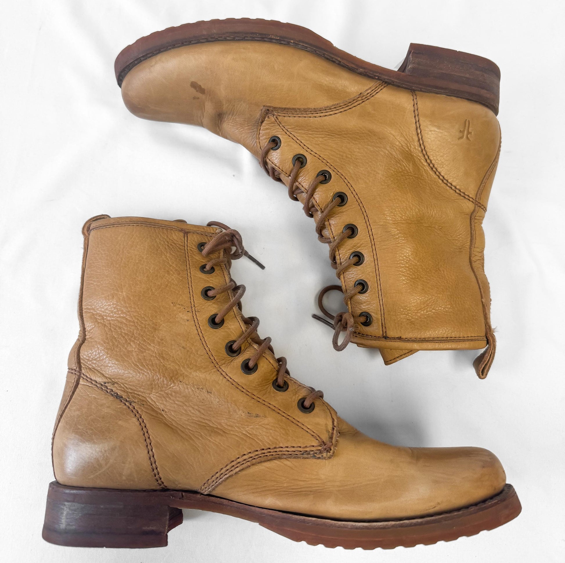 Vintage Frye Camel Beige Brown Veronica Lace Up Leather Combat Boots, Women's Sz. 10B