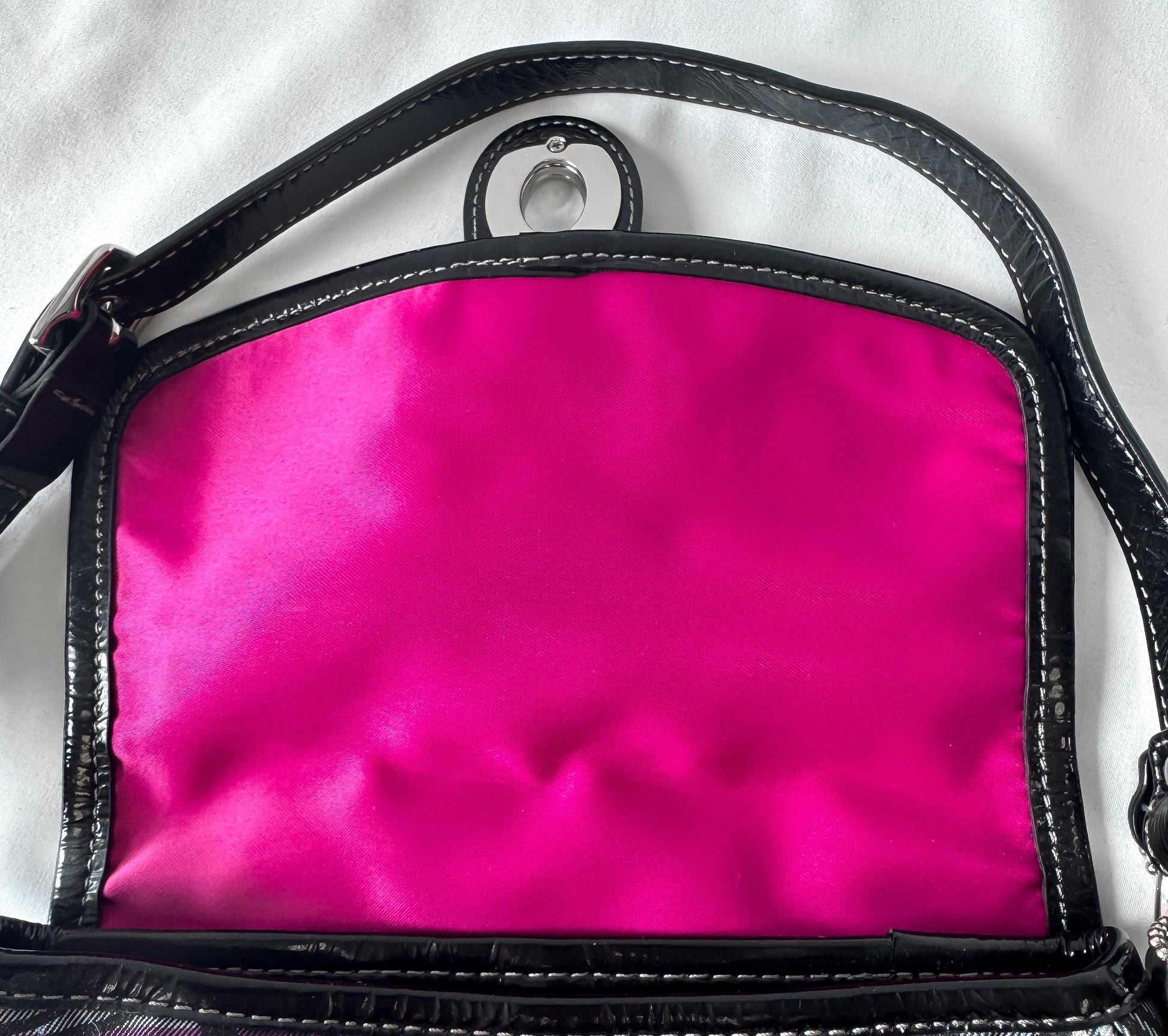 Y2K 00s Coach Tartan Poppy Penny Pink Glitter Monogram Small Turn Lock Shoulder Bag, Style 15477