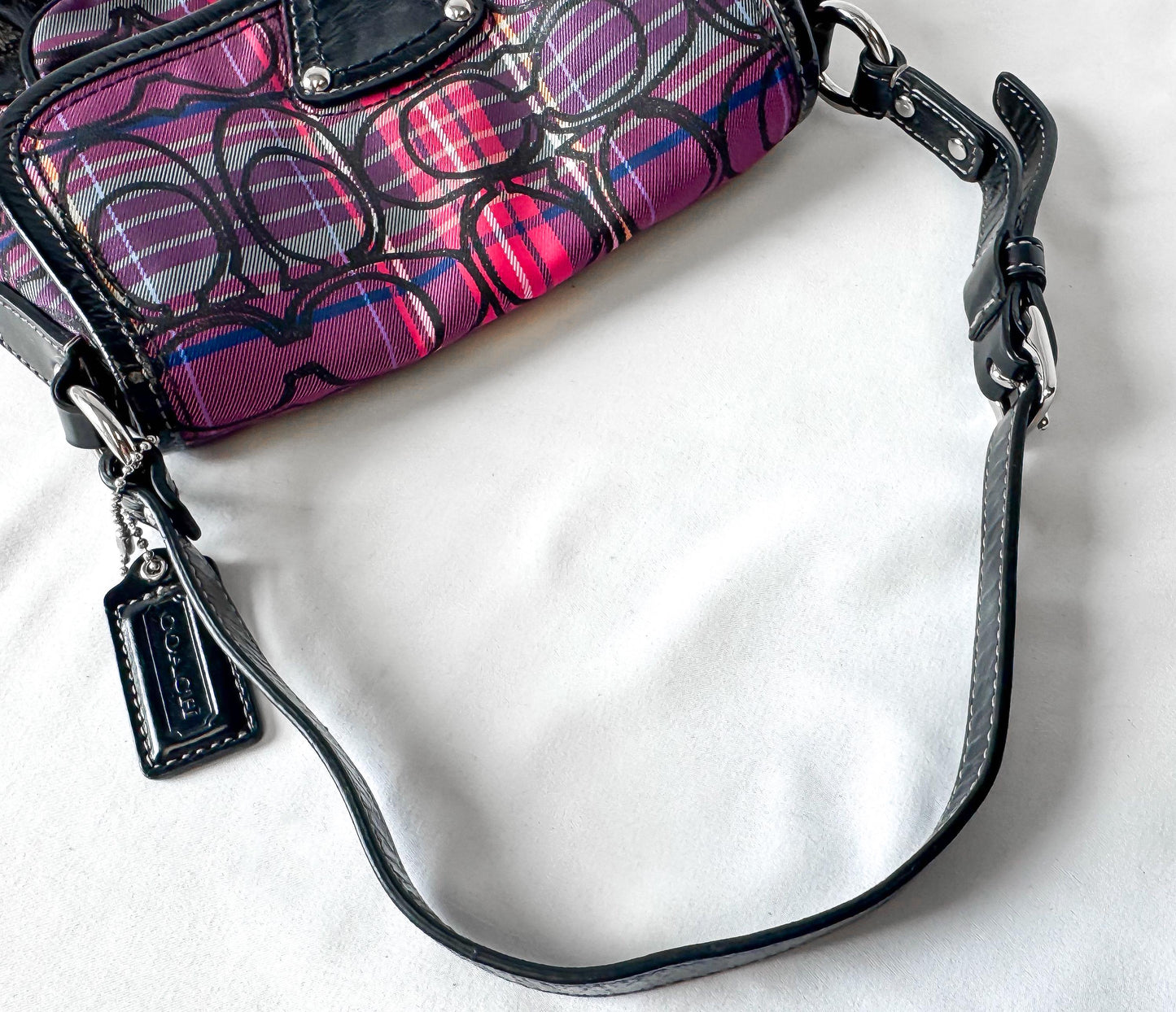 Y2K 00s Coach Tartan Poppy Penny Pink Glitter Monogram Small Turn Lock Shoulder Bag, Style 15477