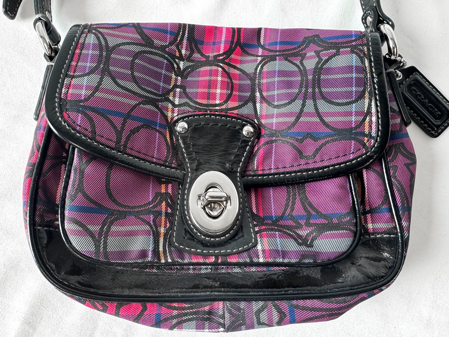 Y2K 00s Coach Tartan Poppy Penny Pink Glitter Monogram Small Turn Lock Shoulder Bag, Style 15477