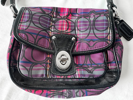 Y2K 00s Coach Tartan Poppy Penny Pink Glitter Monogram Small Turn Lock Shoulder Bag, Style 15477