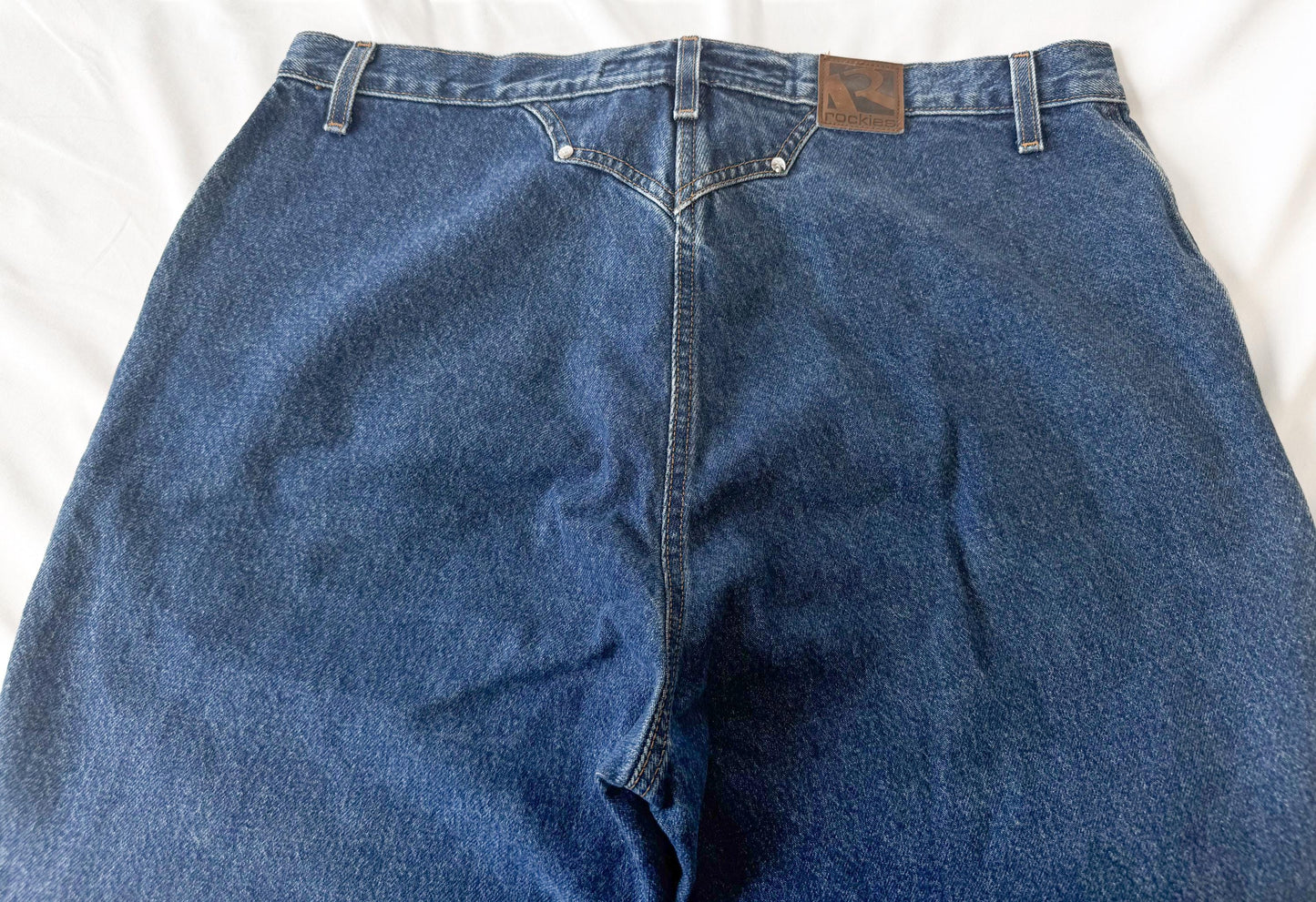 Vintage Rockies Cut Out Stud Accent Dark Wash Bootcut Jeans, Size 37" x 30", Unique Statement Western Boho Festival Jeans