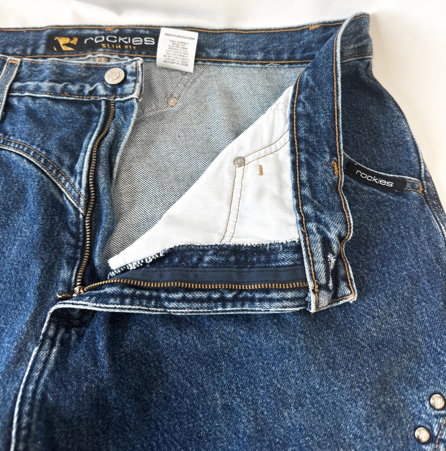 Vintage Rockies Cut Out Stud Accent Dark Wash Bootcut Jeans, Size 37" x 30", Unique Statement Western Boho Festival Jeans