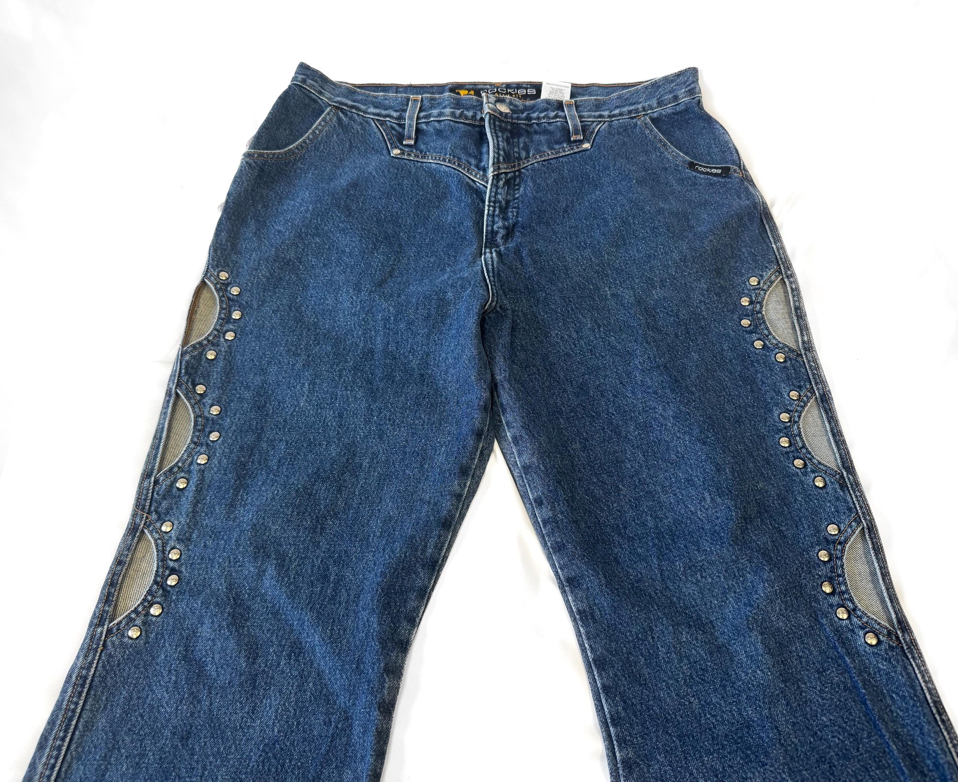 Vintage Rockies Cut Out Stud Accent Dark Wash Bootcut Jeans, Size 37" x 30", Unique Statement Western Boho Festival Jeans