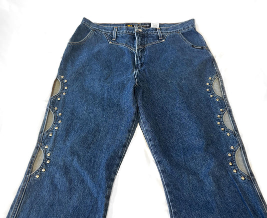 Vintage Rockies Cut Out Stud Accent Dark Wash Bootcut Jeans, Size 37" x 30", Unique Statement Western Boho Festival Jeans