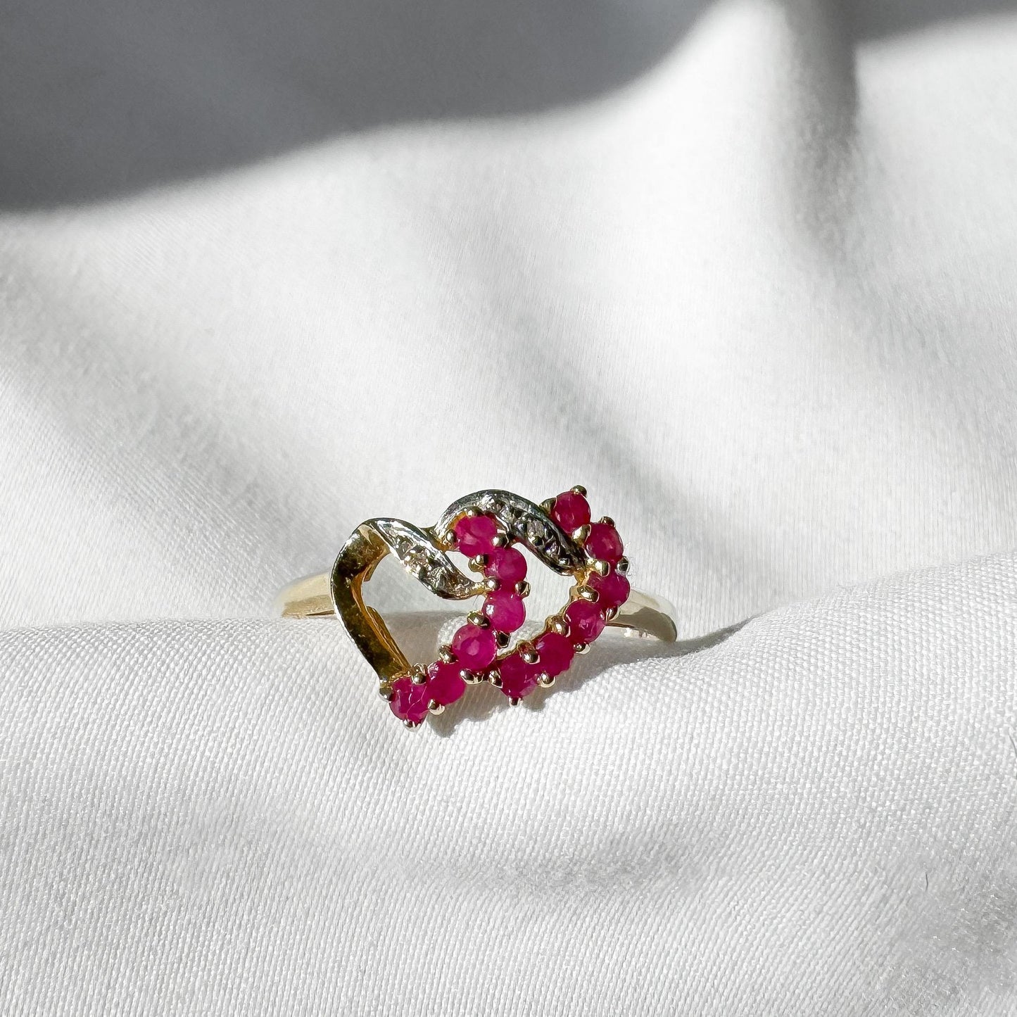 Vintage 10K Yellow Gold Diamond Ruby Double Heart Ring, Sz. 10.25