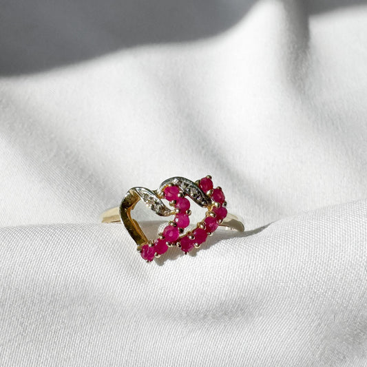 Vintage 10K Yellow Gold Diamond Ruby Double Heart Ring, Sz. 10.25