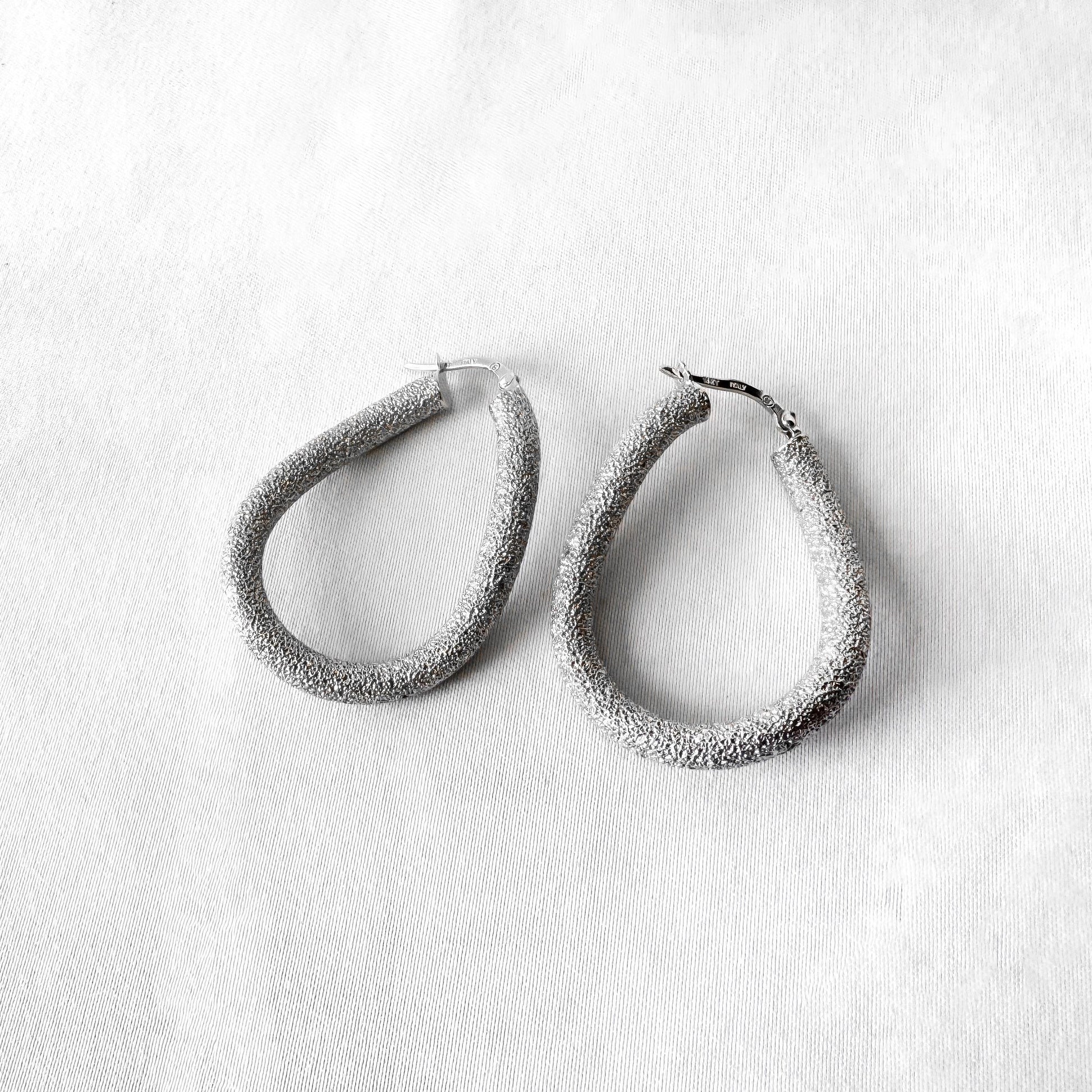 14K Italy White Gold Twisted Stardust Textured Oblong Tube 1.5 Inch Hoop Earrings, Unique Statement Minimalist Hoops